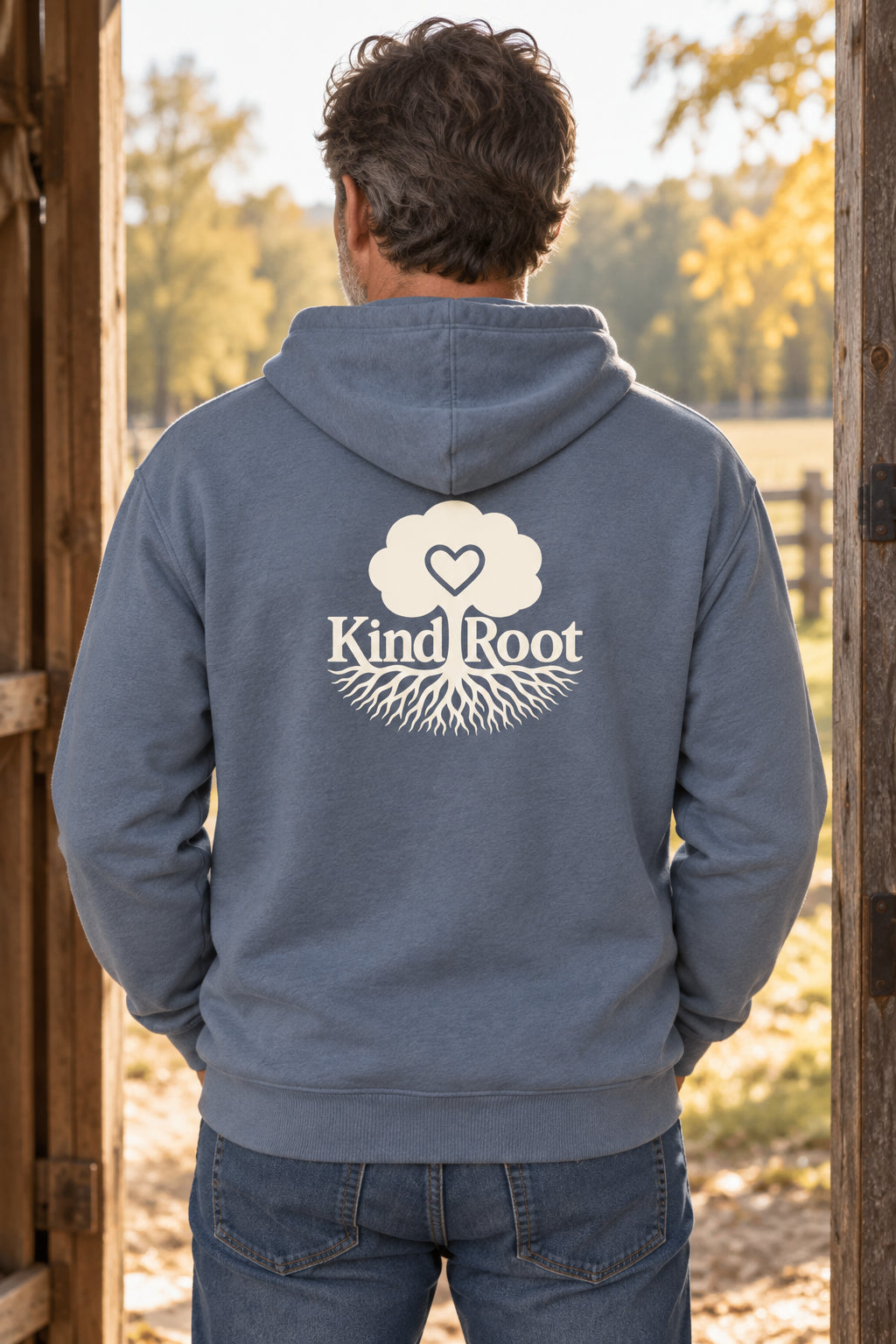 KindRoot logo on the back of the Slate unisex organic cotton hoodie