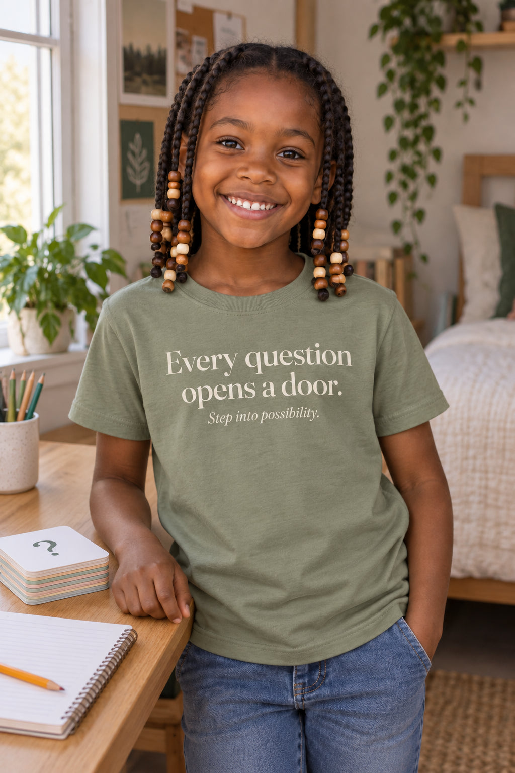 Every question opens a door. kids organic cotton tee in Avocado, front