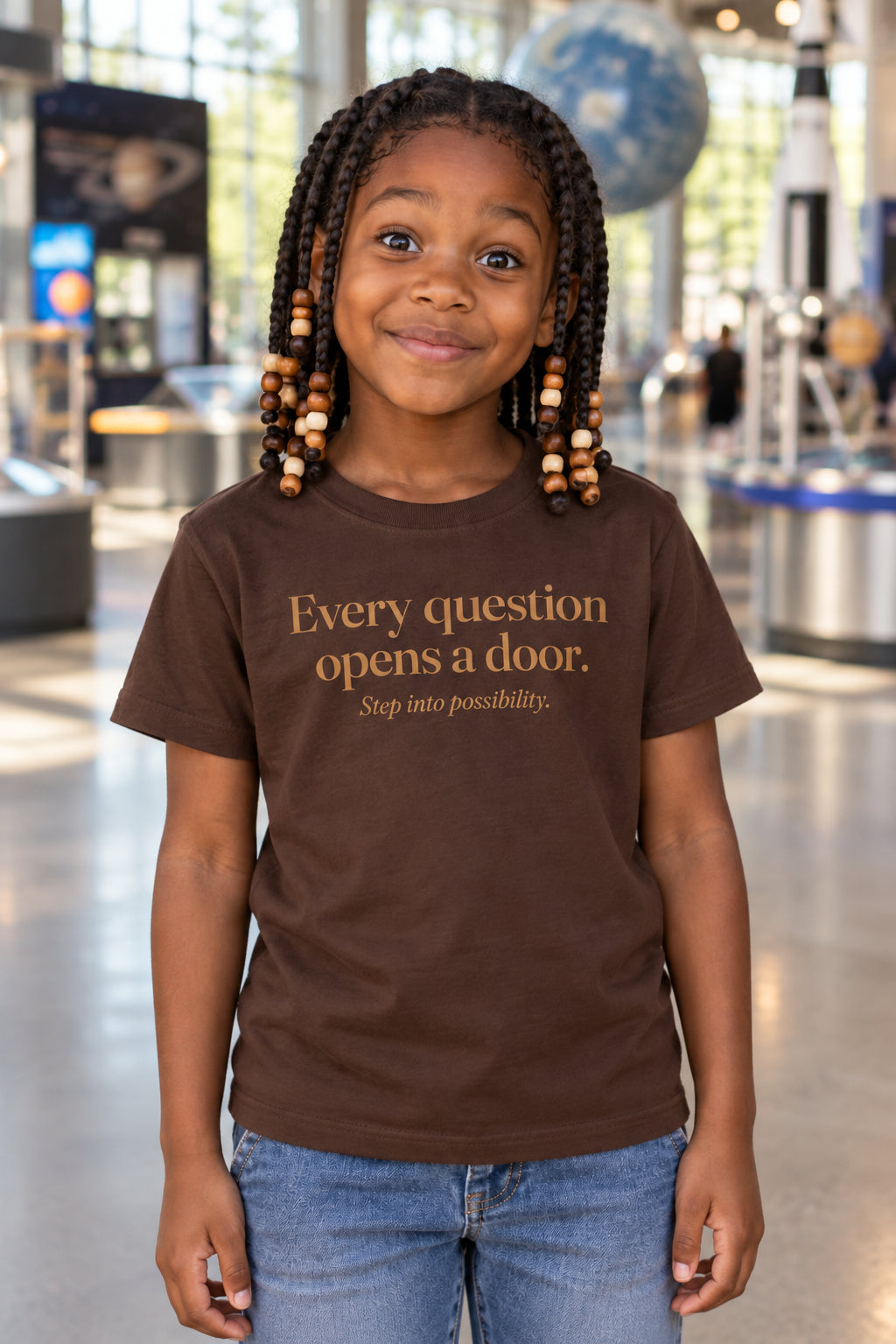 Every question opens a door. kids organic cotton tee in Bark, front