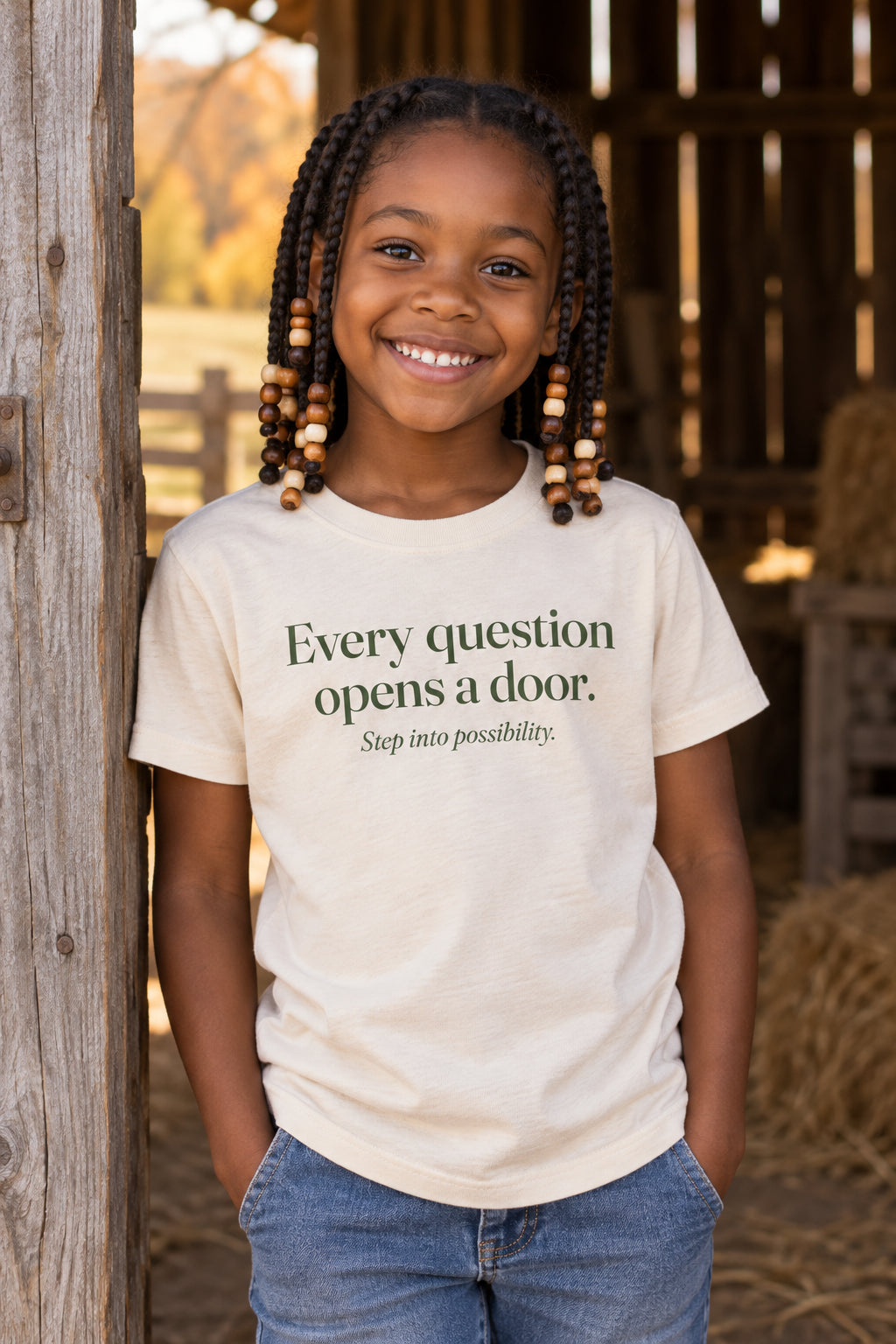 Every question opens a door. kids organic cotton tee in Natural, front