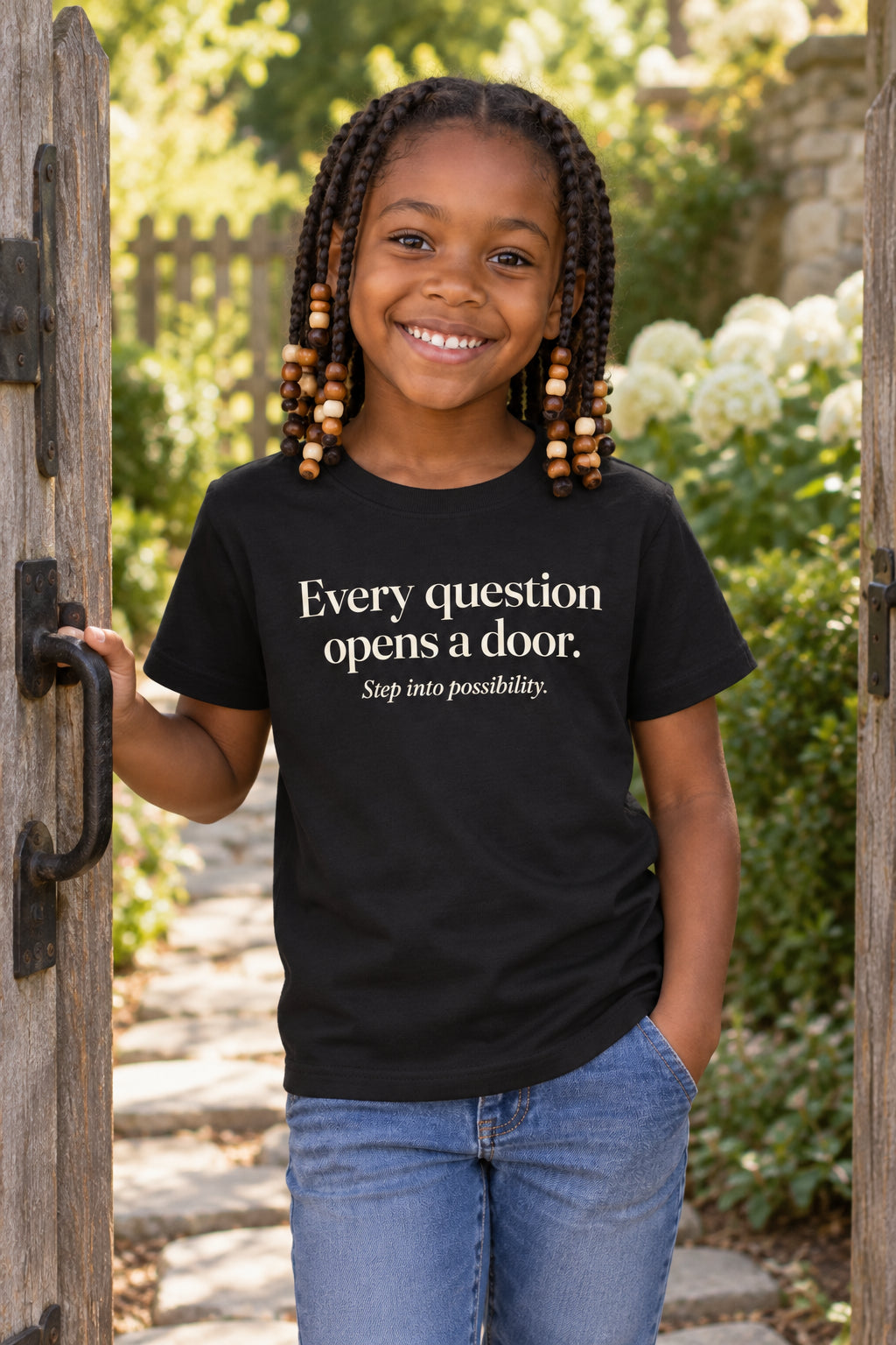 Every question opens a door. kids organic cotton tee in Night, front