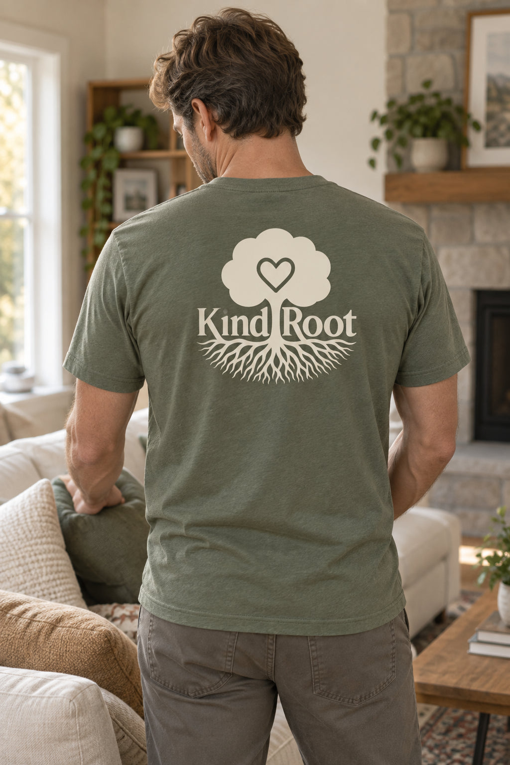 KindRoot logo on the back of the Moss unisex organic cotton tee