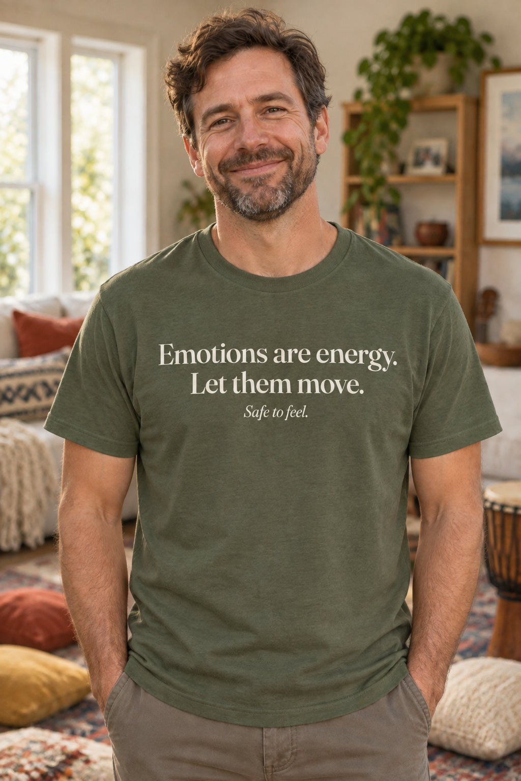 Emotions are energy. Let them move. unisex organic cotton tee in Moss, front
