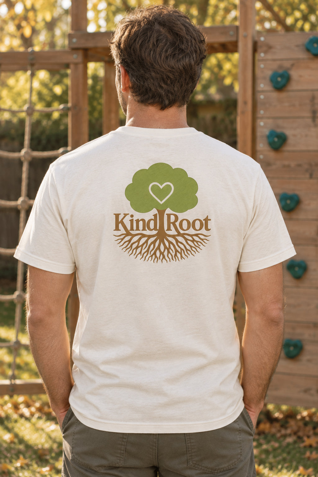 KindRoot logo on the back of the Natural unisex organic cotton tee