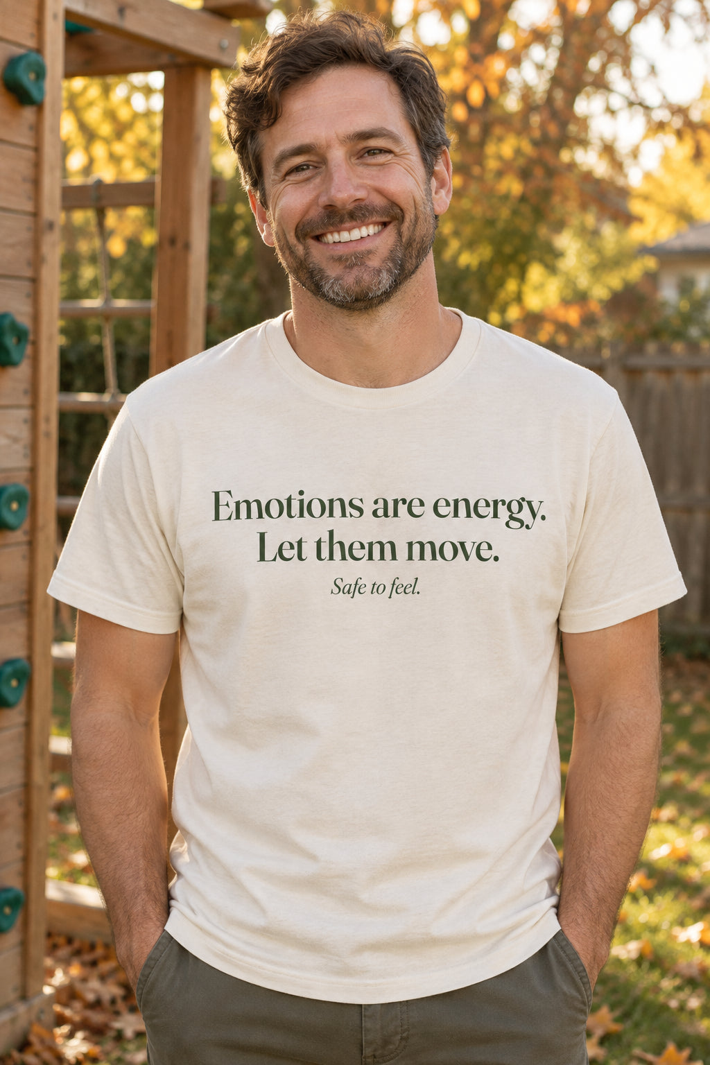 Emotions are energy. Let them move. unisex organic cotton tee in Natural, front