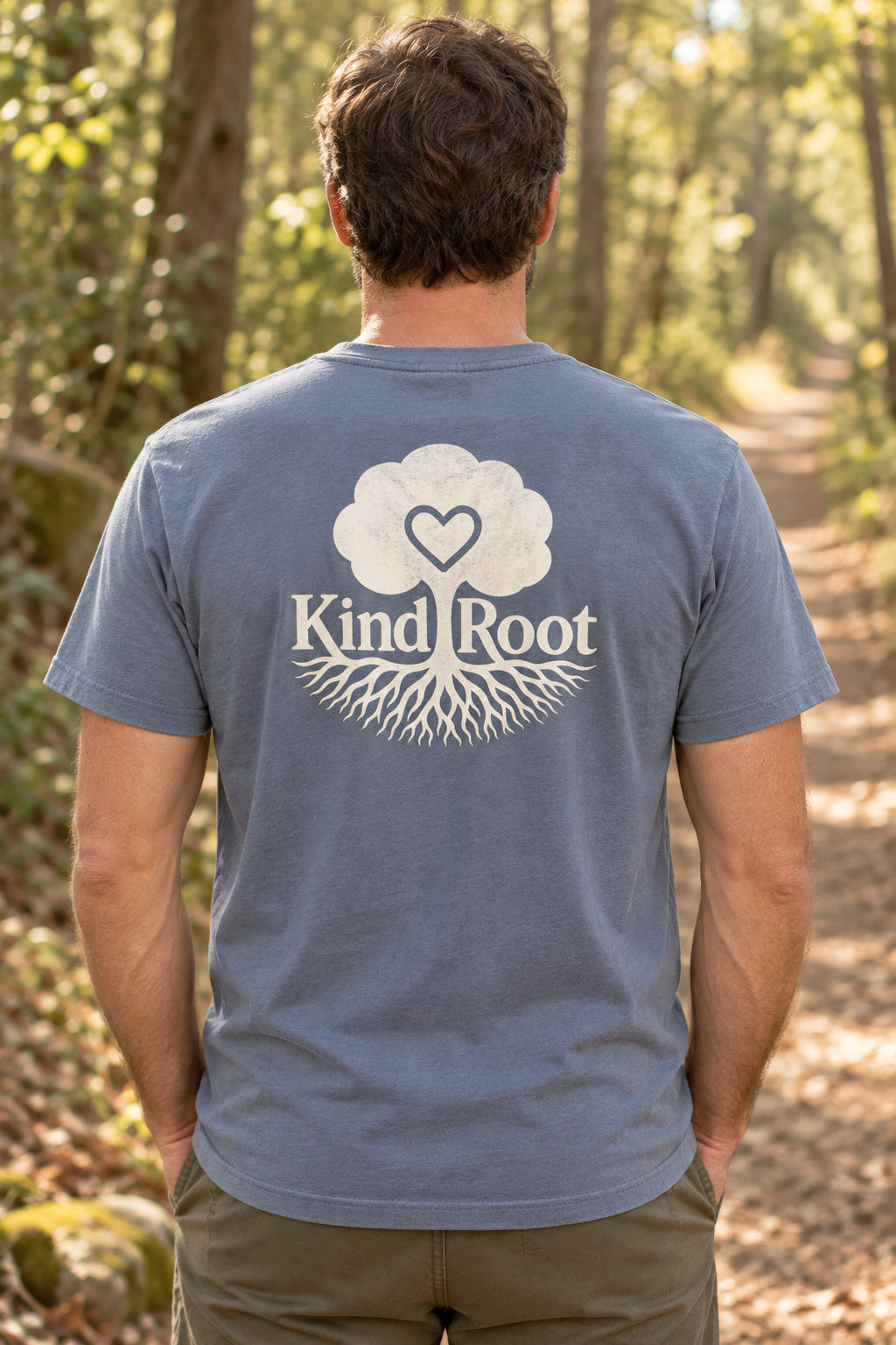 KindRoot logo on the back of the Slate unisex organic cotton tee