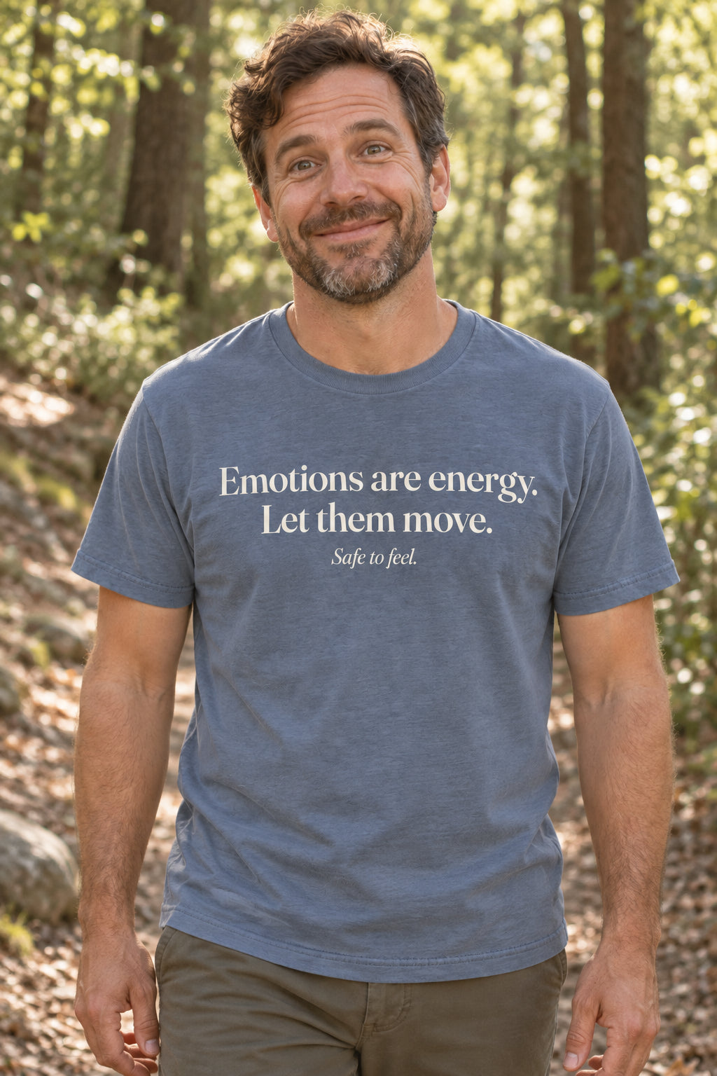 Emotions are energy. Let them move. unisex organic cotton tee in Slate, front