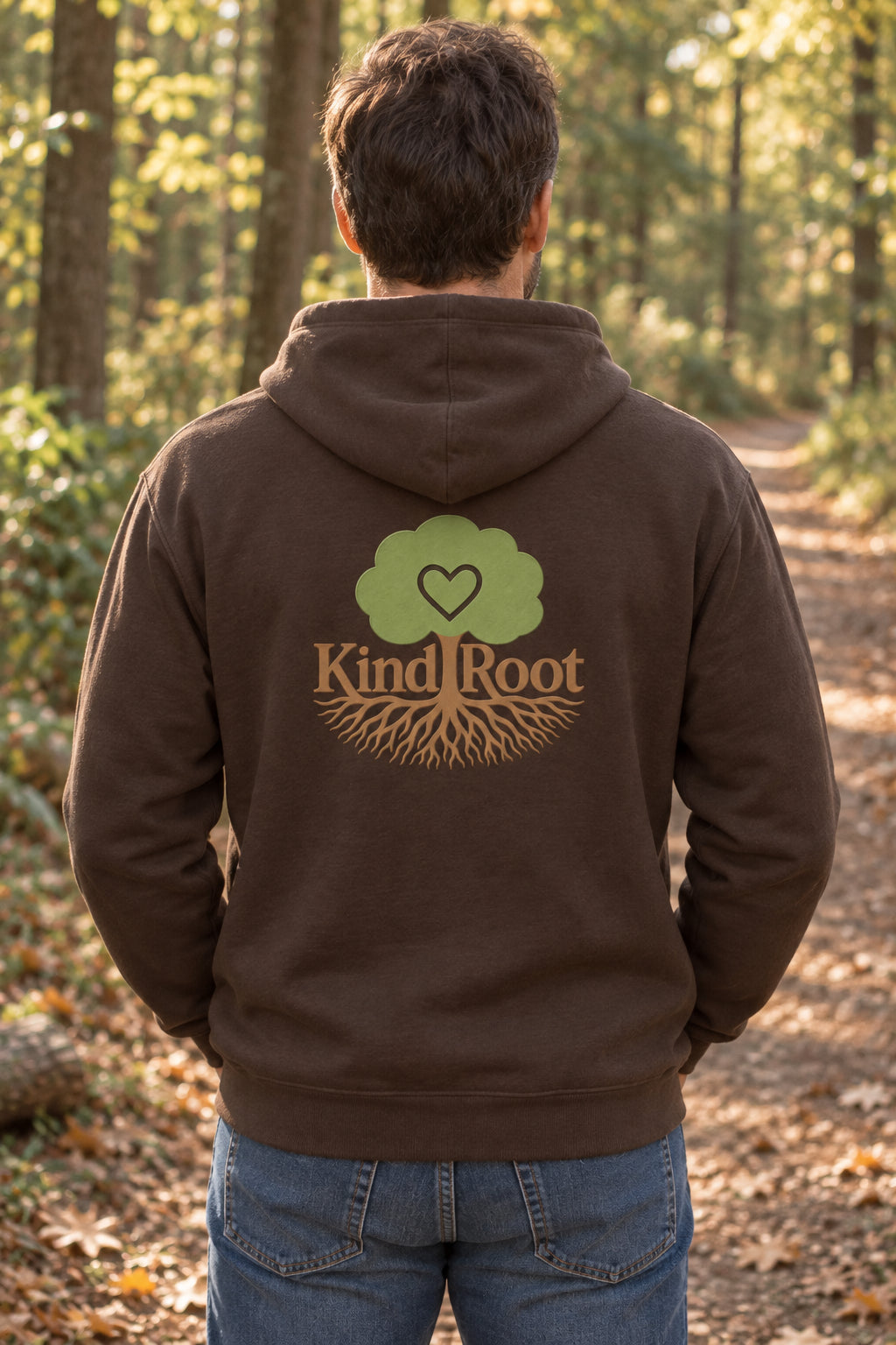 KindRoot logo on the back of the Bark unisex organic cotton hoodie