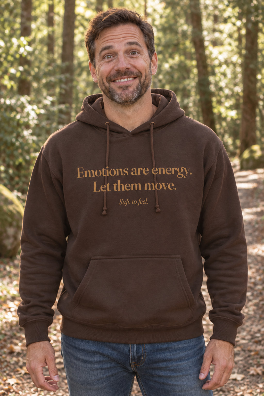 Emotions are energy. Let them move. unisex organic cotton hoodie in Bark, front