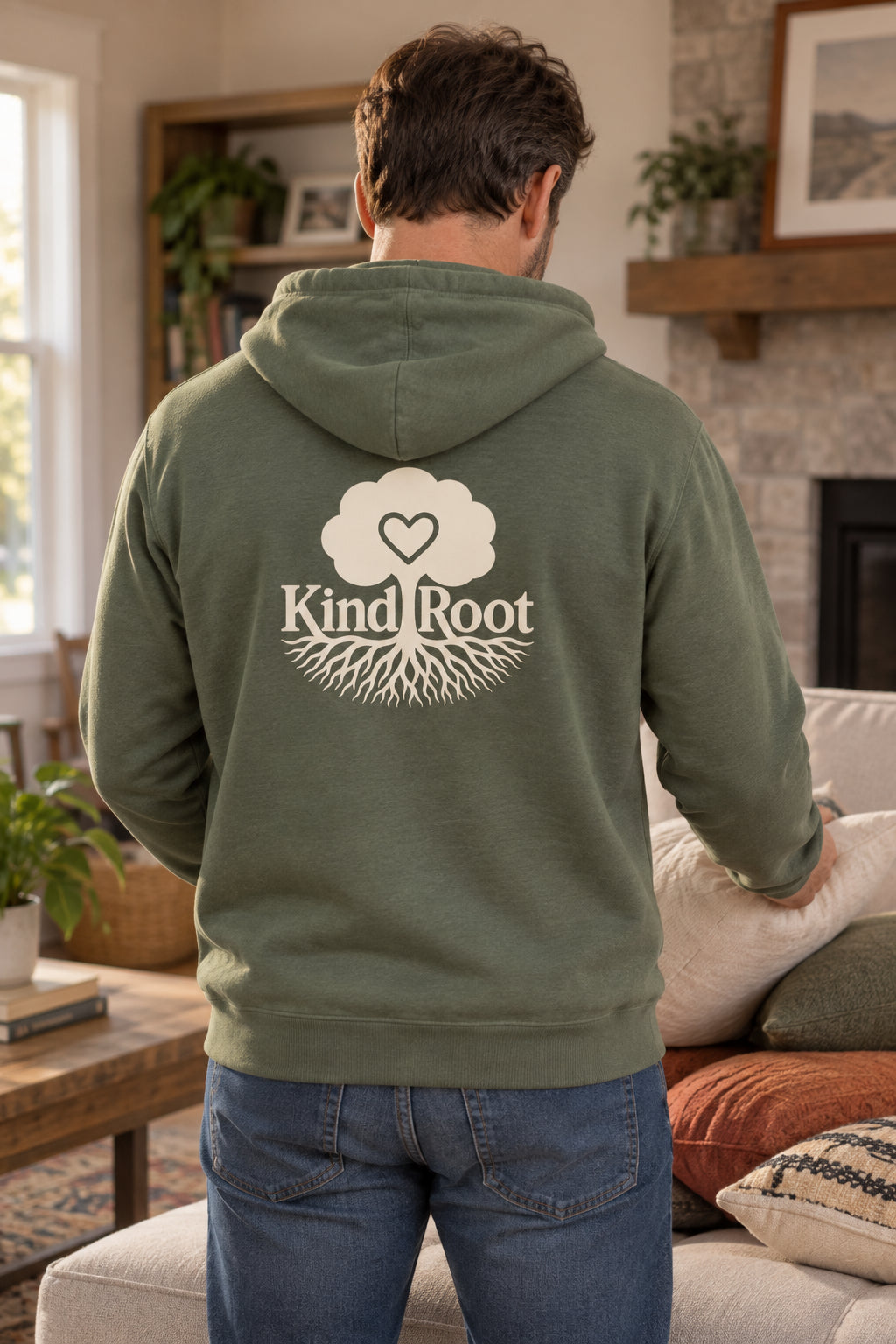 KindRoot logo on the back of the Moss unisex organic cotton hoodie