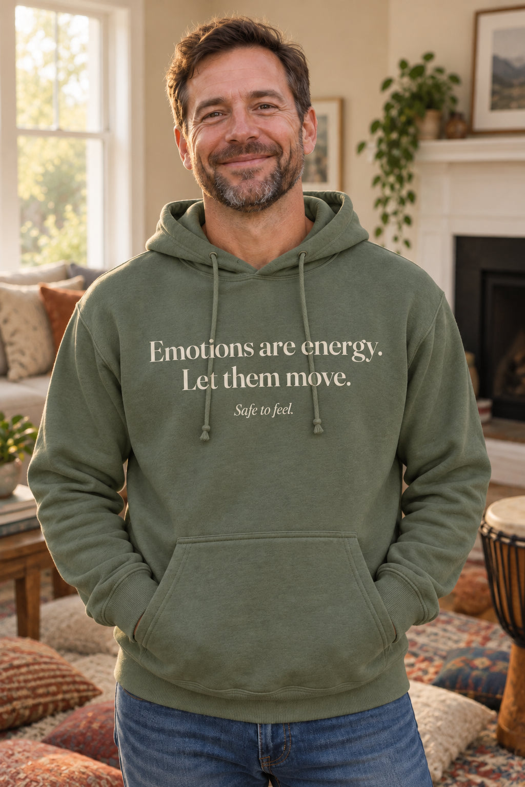 Emotions are energy. Let them move. unisex organic cotton hoodie in Moss, front