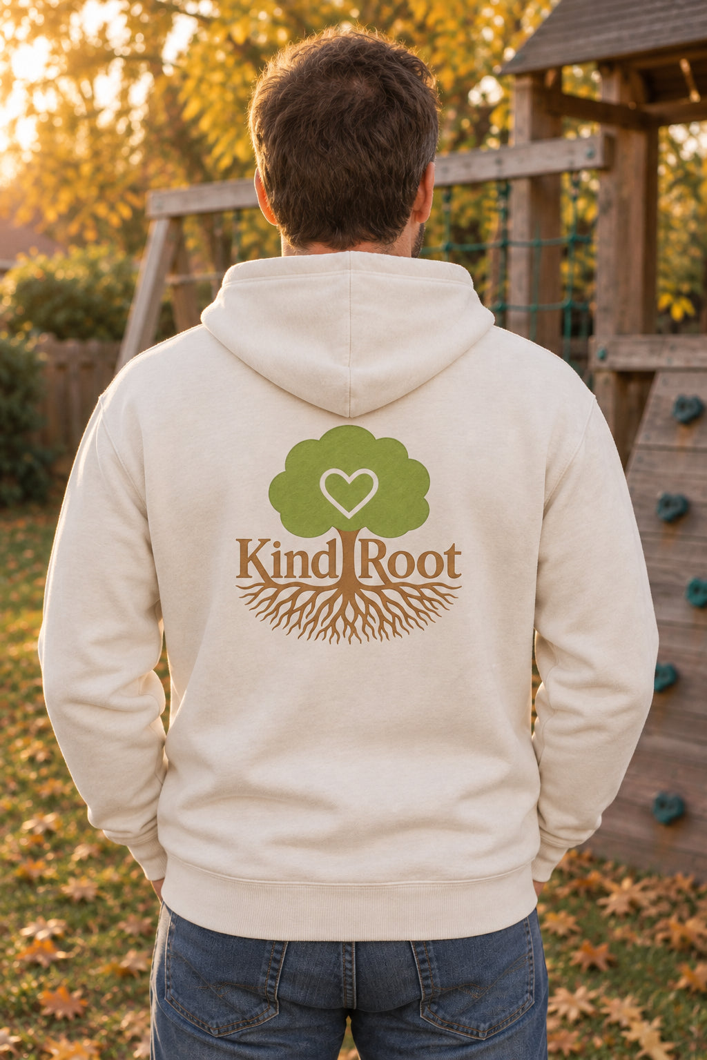 KindRoot logo on the back of the Natural unisex organic cotton hoodie