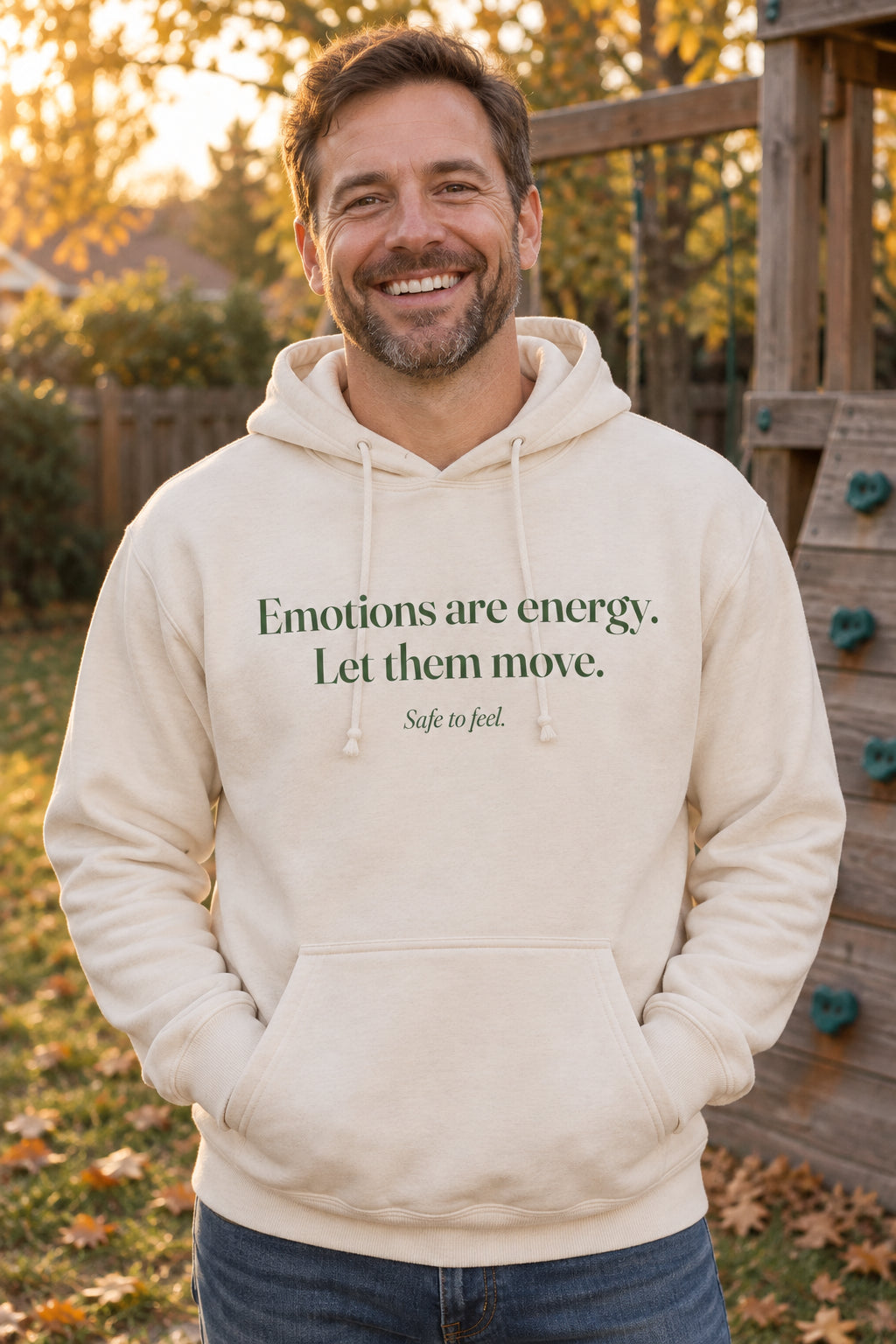 Emotions are energy. Let them move. unisex organic cotton hoodie in Natural, front