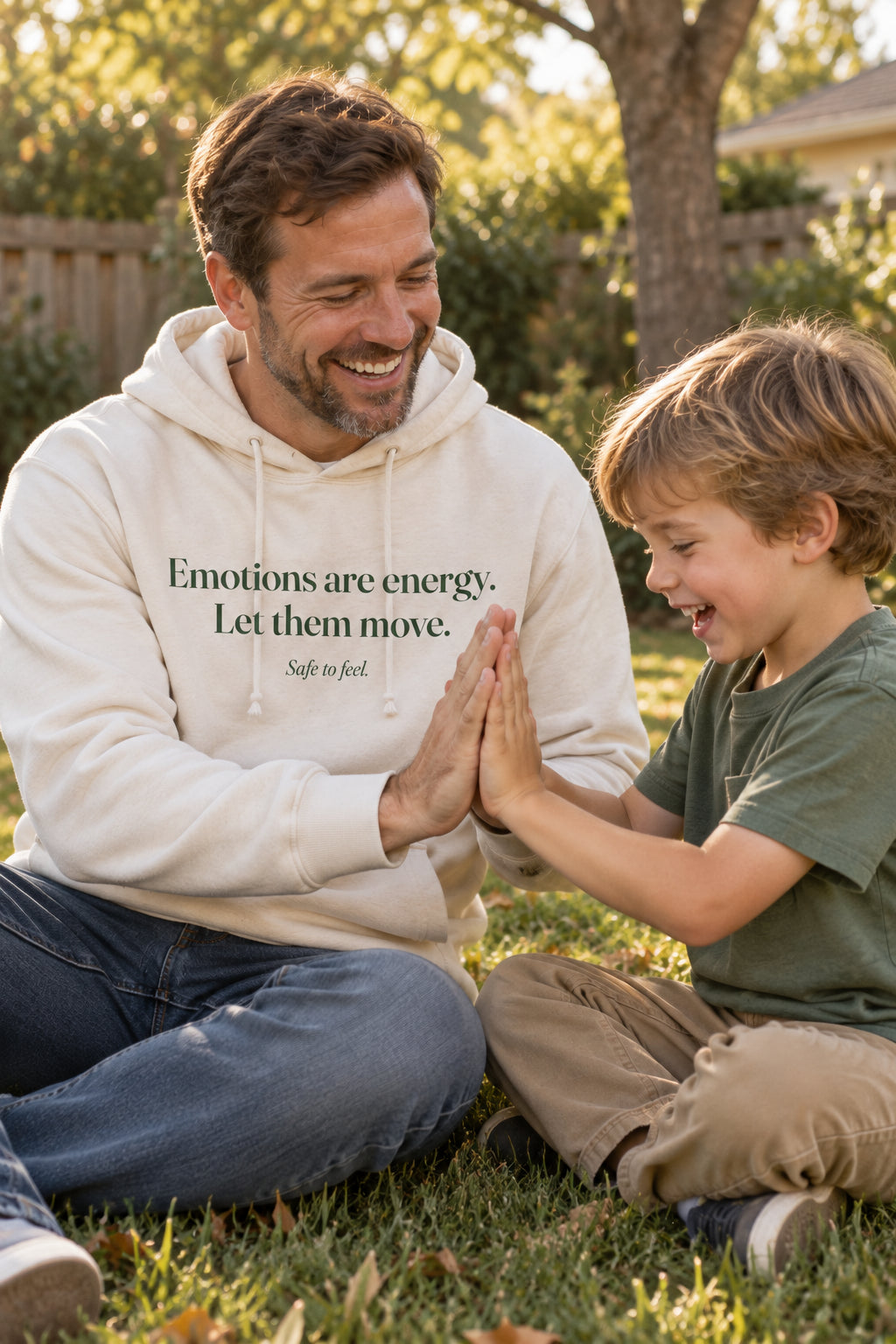 Parent wearing the Emotions are energy. Let them move. hoodie tee in Natural
