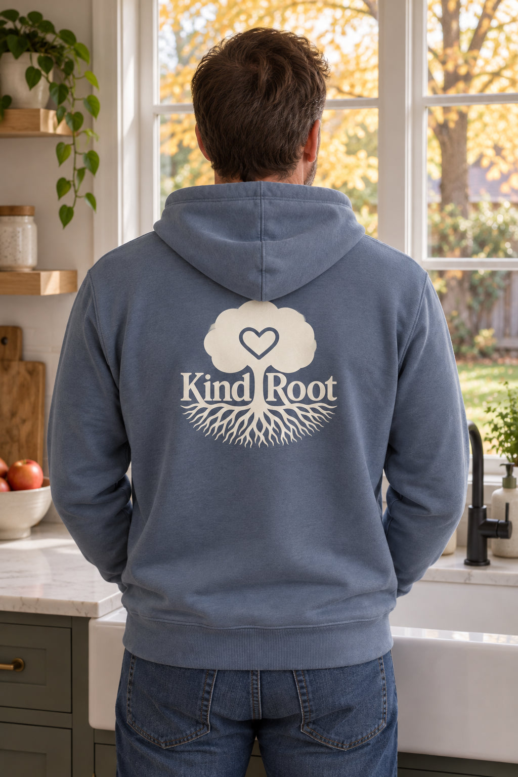 KindRoot logo on the back of the Slate unisex organic cotton hoodie
