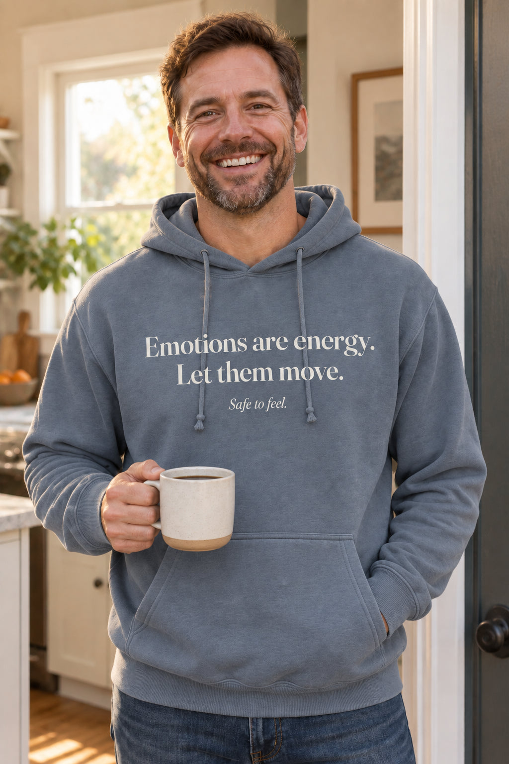 Emotions are energy. Let them move. unisex organic cotton hoodie in Slate, front