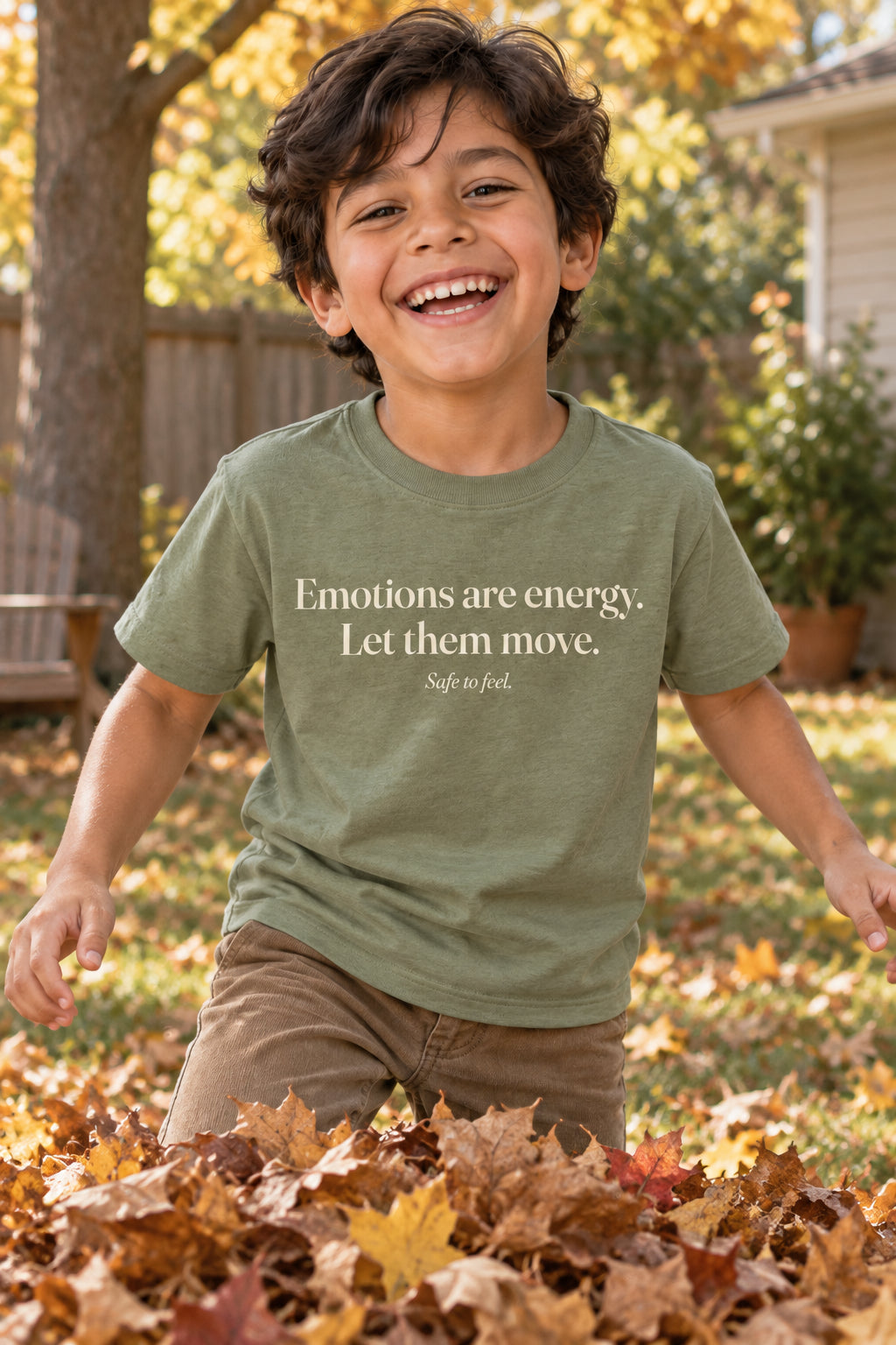 Emotions are energy. Let them move. kids organic cotton tee in Avocado, front