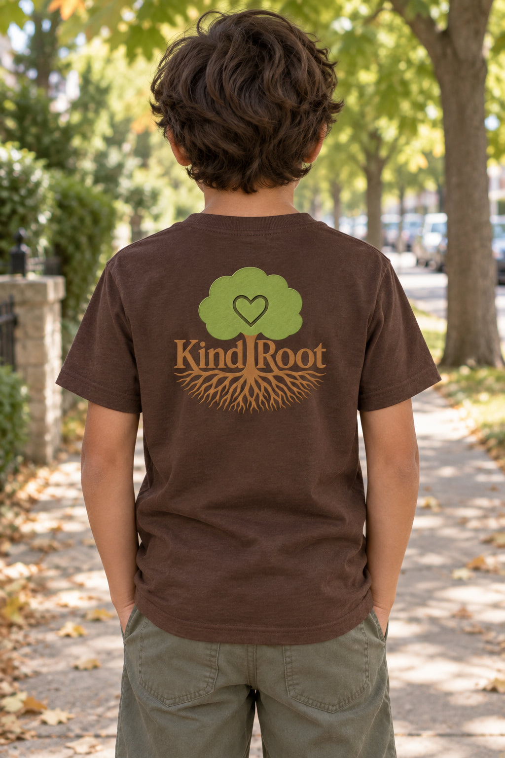 KindRoot logo on the back of the Bark kids organic cotton tee