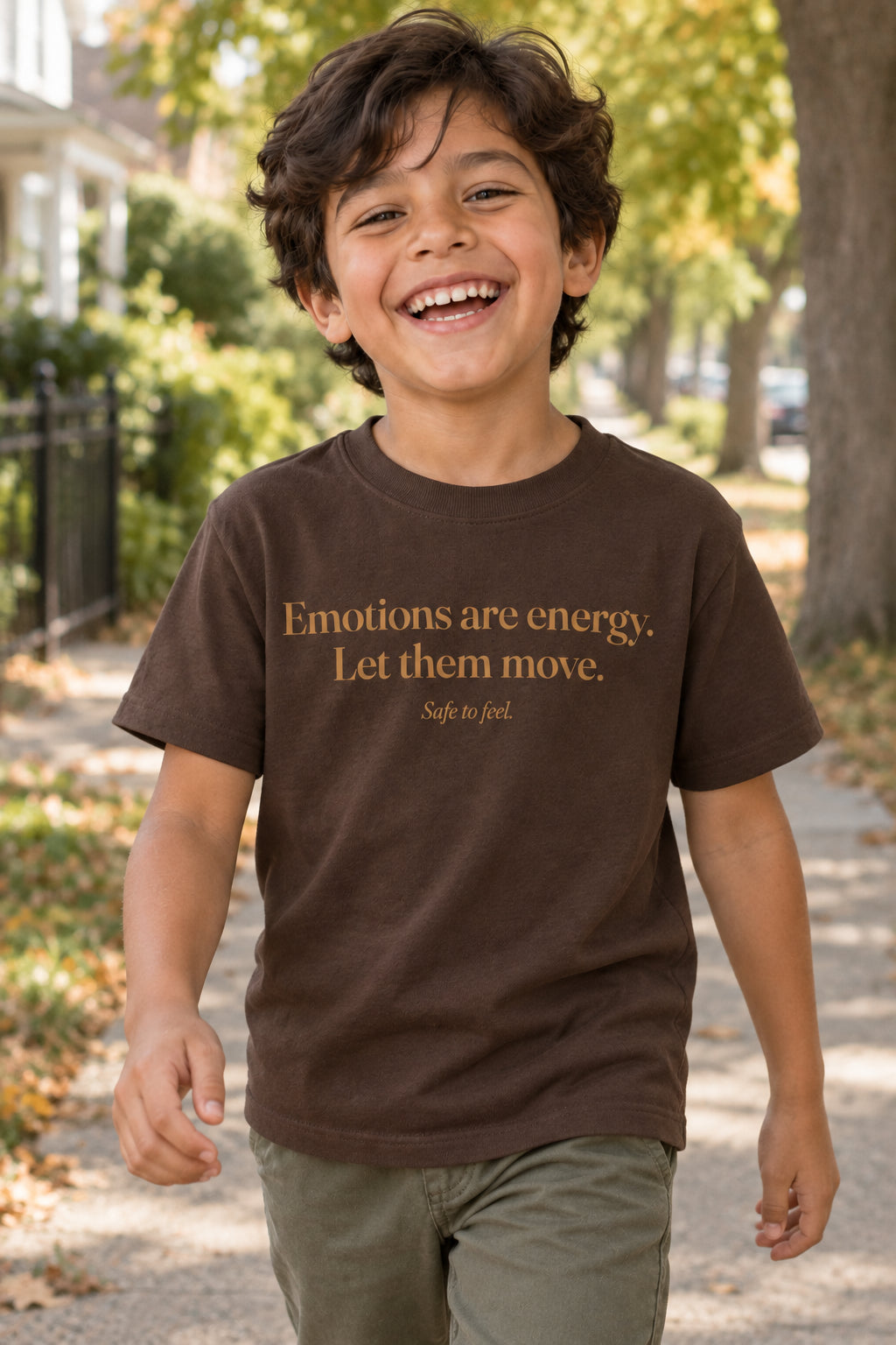 Emotions are energy. Let them move. kids organic cotton tee in Bark, front
