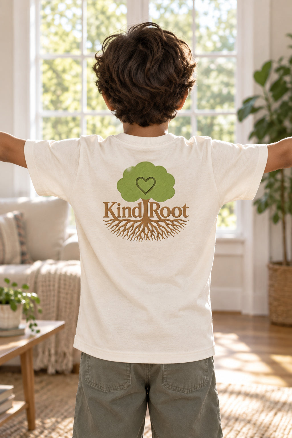 KindRoot logo on the back of the Natural kids organic cotton tee