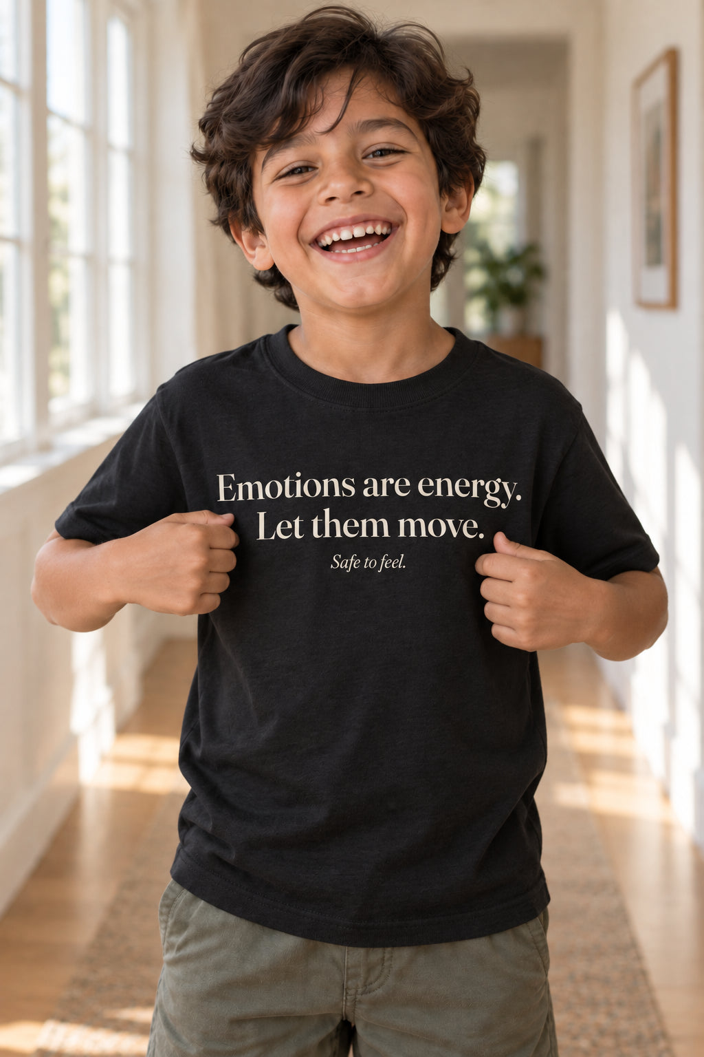 Emotions are energy. Let them move. kids organic cotton tee in Night, front