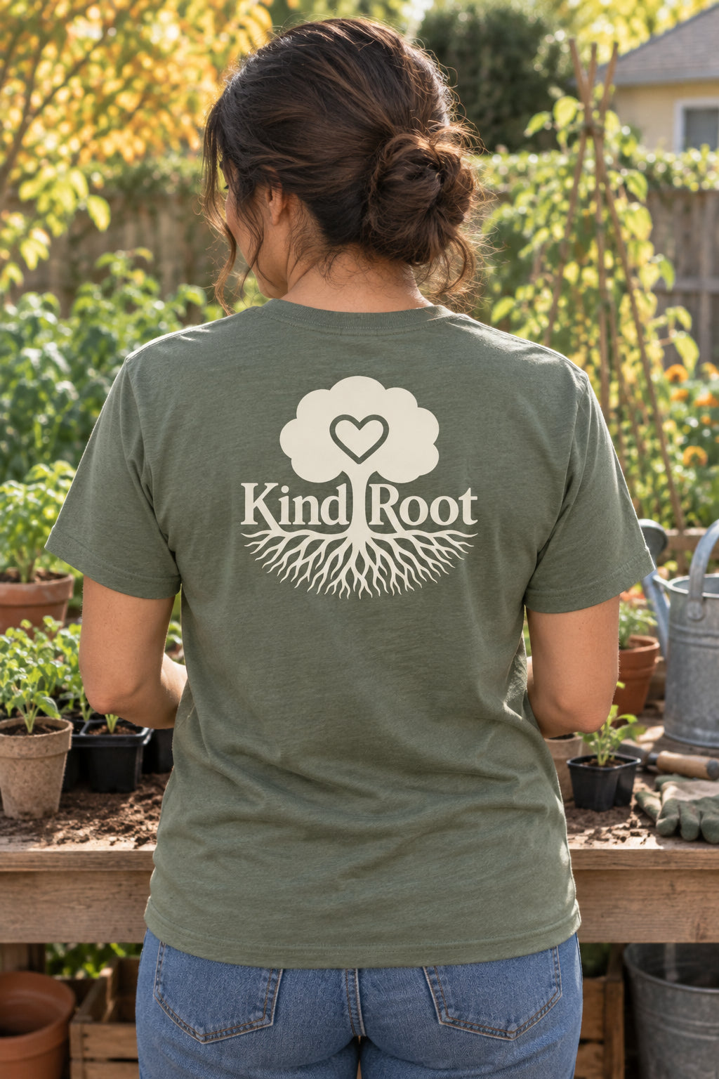 KindRoot logo on the back of the Moss unisex organic cotton tee