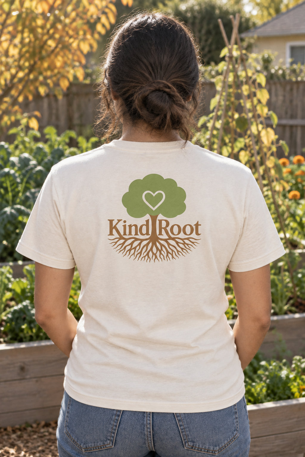 KindRoot logo on the back of the Natural unisex organic cotton tee