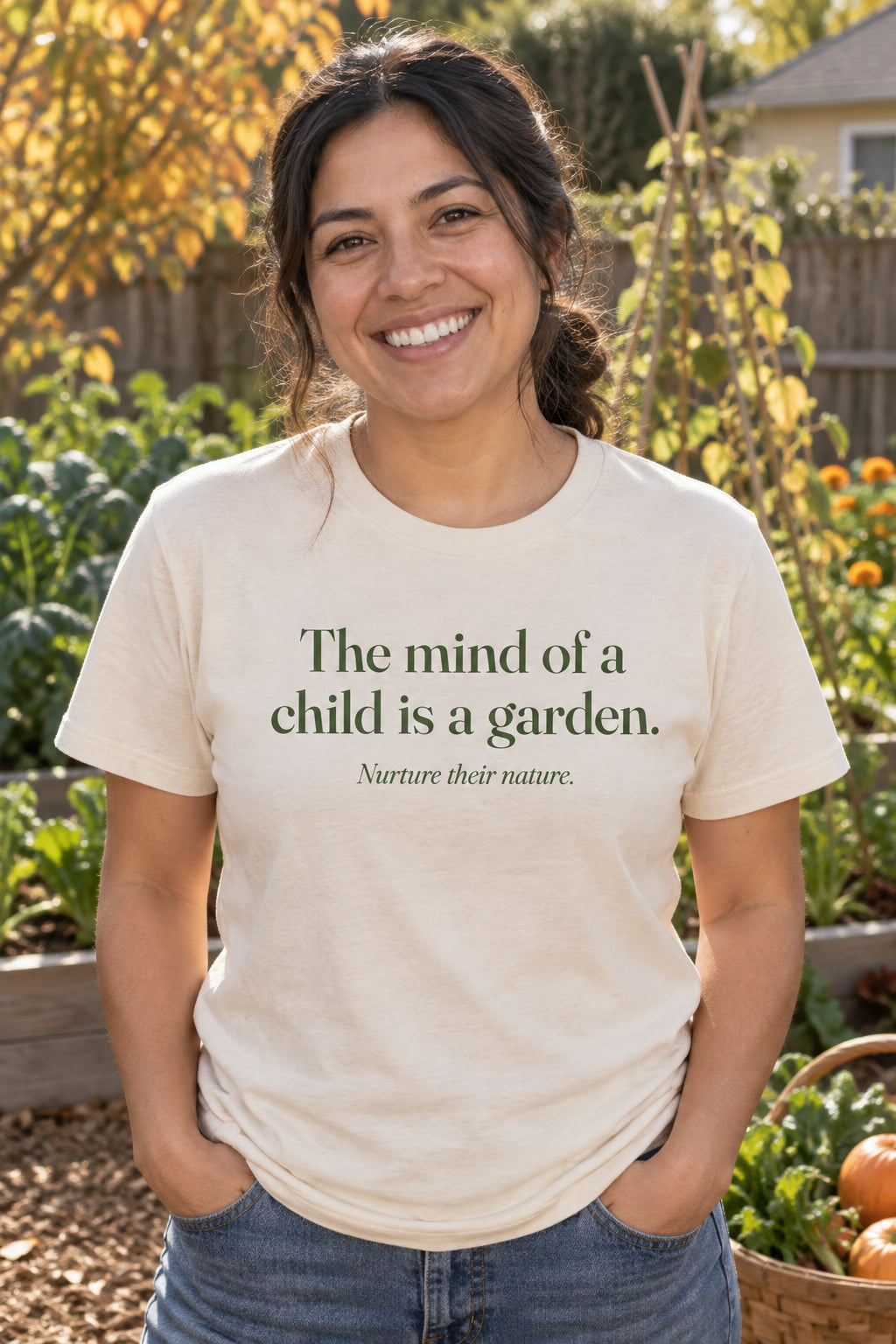 The mind of a child is a garden. unisex organic cotton tee in Natural, front