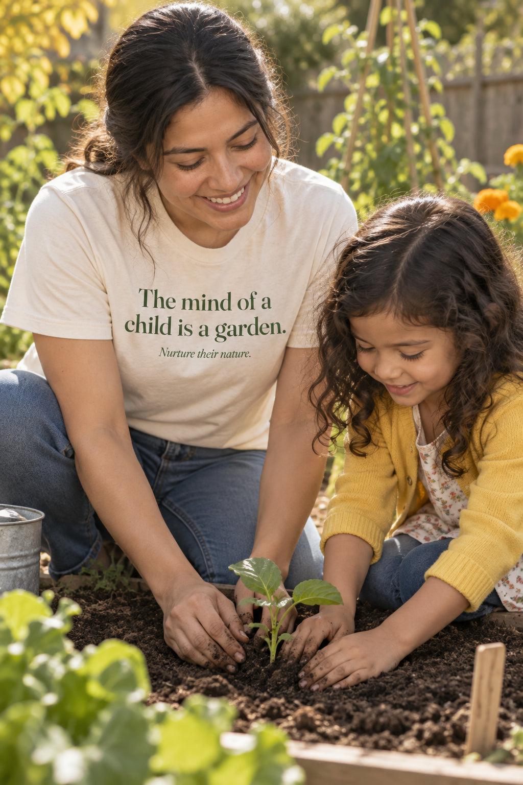 Parent wearing the The mind of a child is a garden. adult tee in Natural
