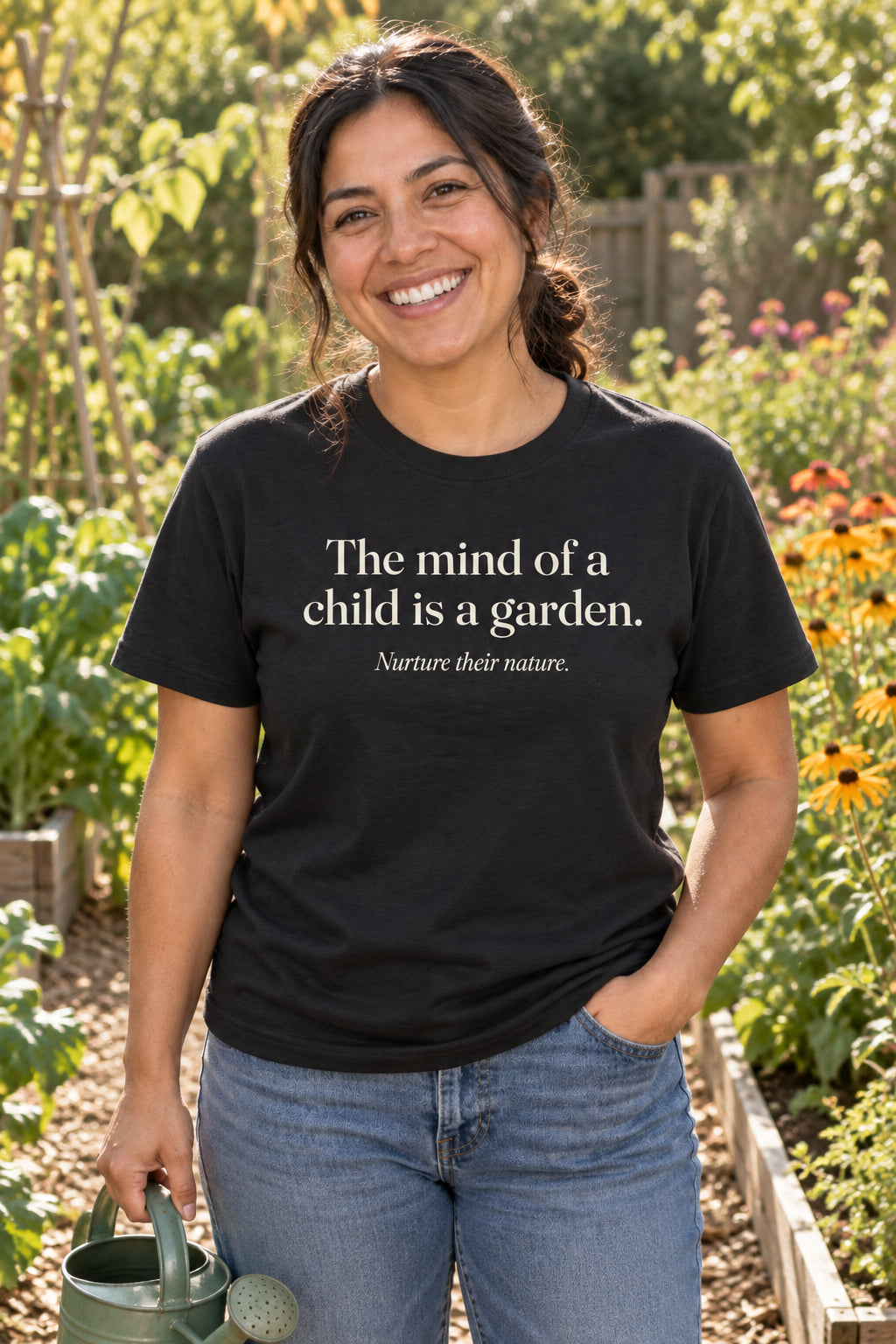 The mind of a child is a garden. unisex organic cotton tee in Night, front