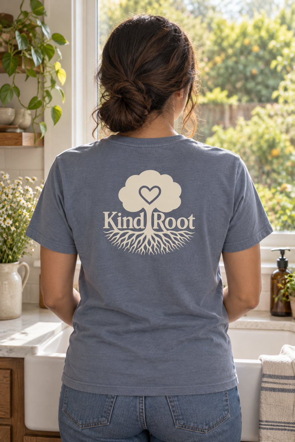 KindRoot logo on the back of the Slate unisex organic cotton tee