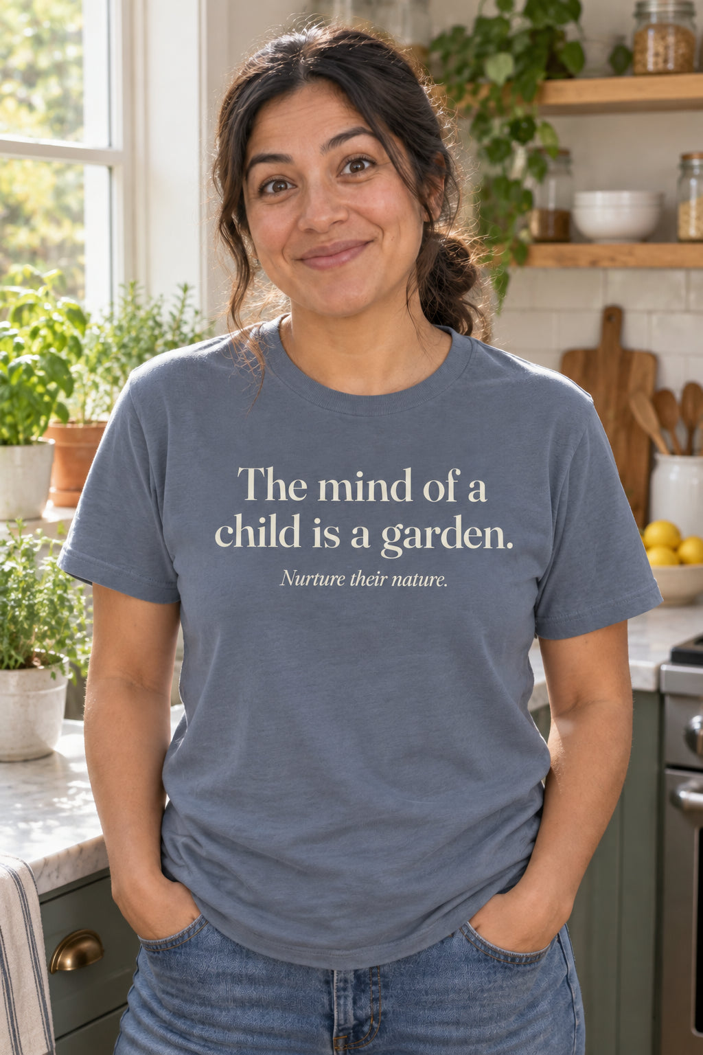 The mind of a child is a garden. unisex organic cotton tee in Slate, front
