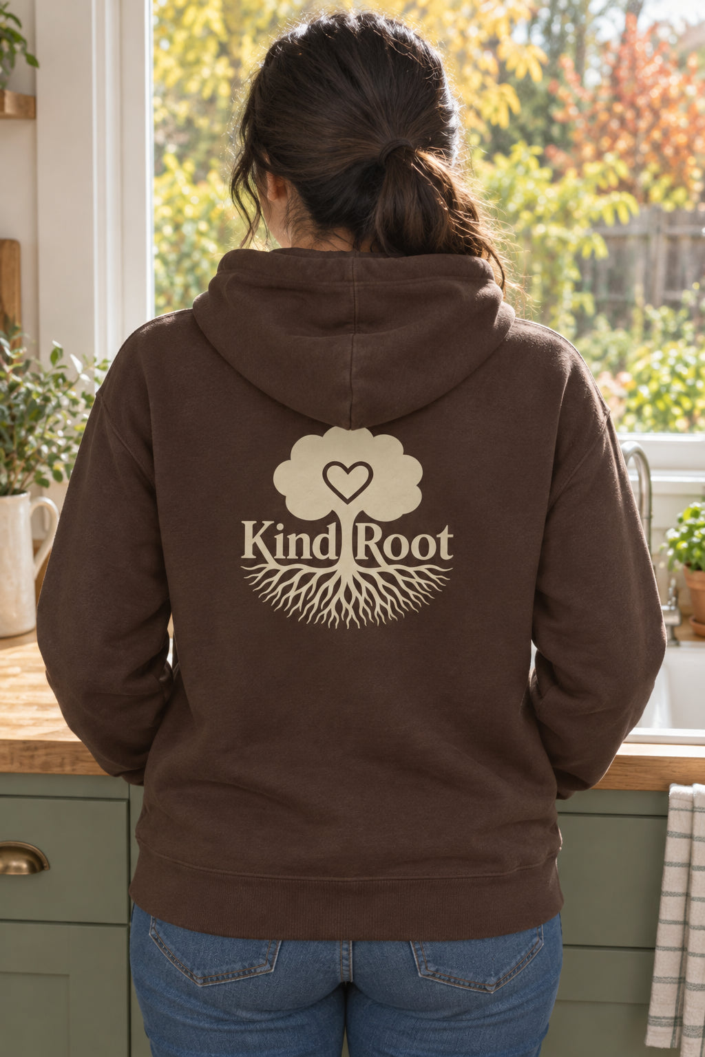 KindRoot logo on the back of the Bark unisex organic cotton hoodie