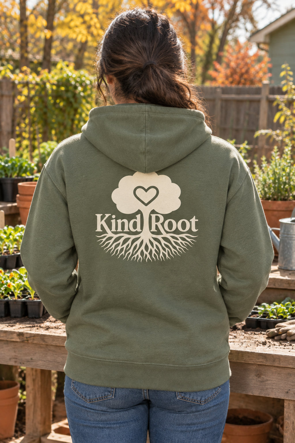 KindRoot logo on the back of the Moss unisex organic cotton hoodie