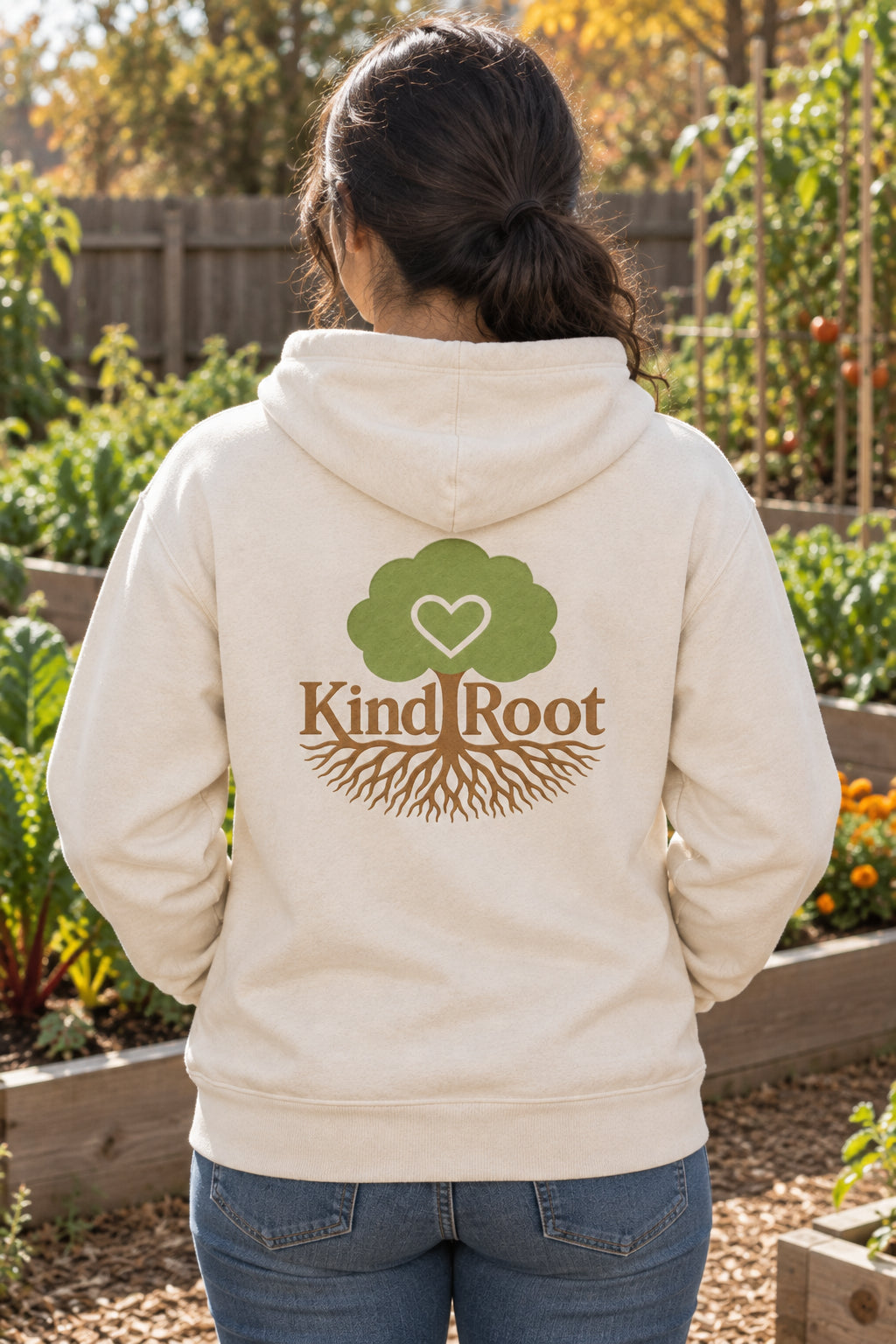 KindRoot logo on the back of the Natural unisex organic cotton hoodie