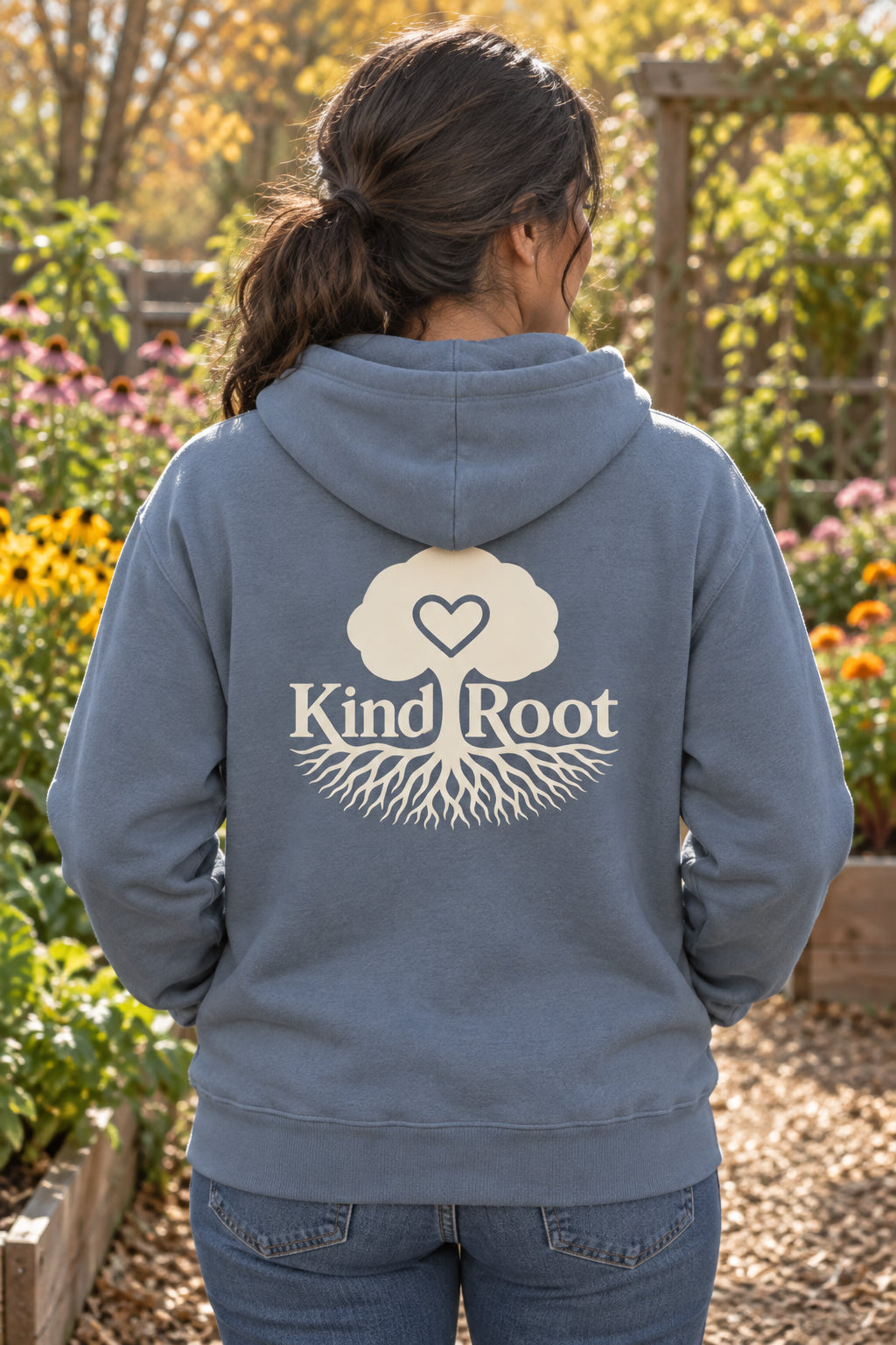 KindRoot logo on the back of the Slate unisex organic cotton hoodie