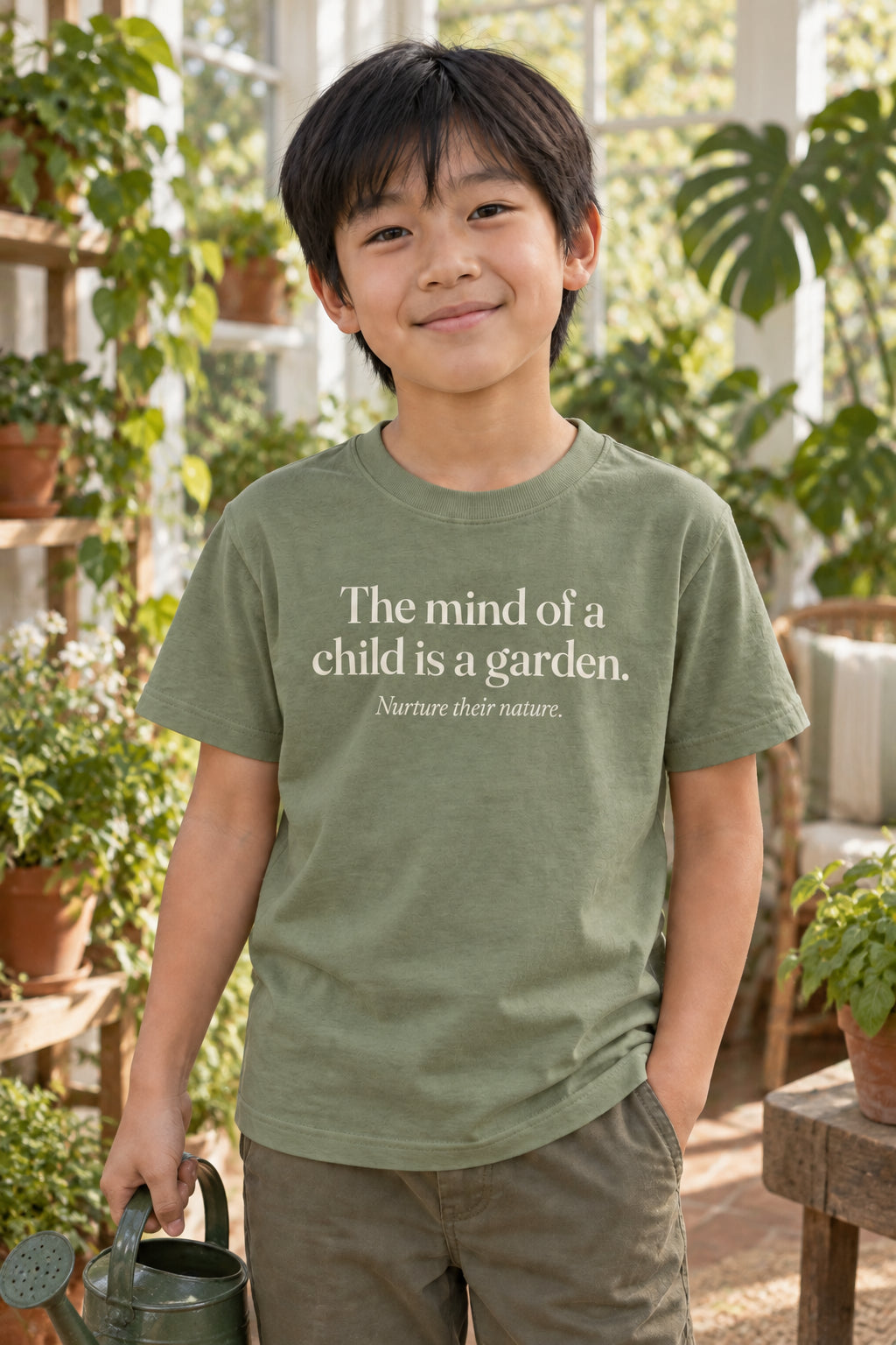 The mind of a child is a garden. kids organic cotton tee in Avocado, front