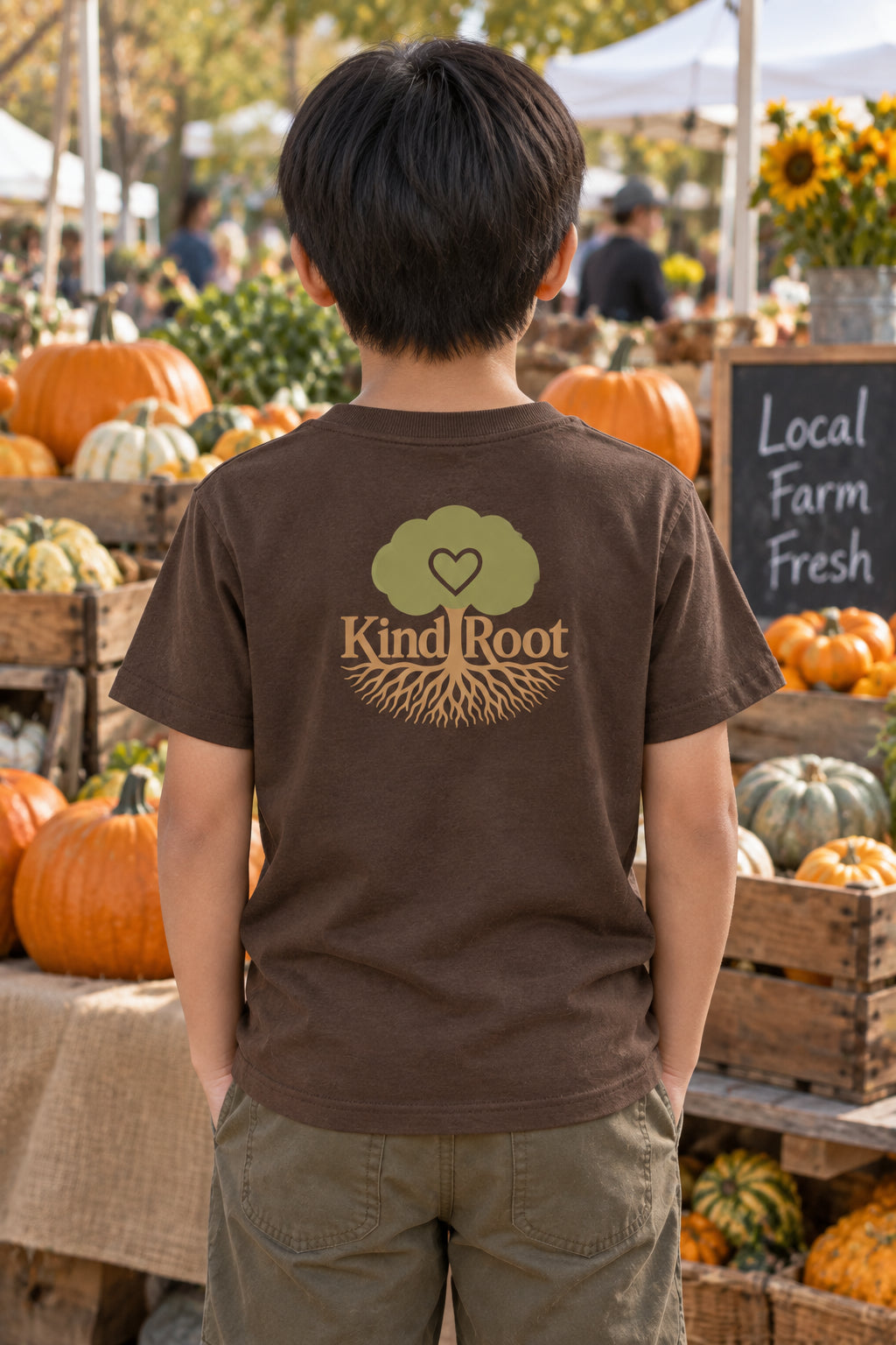KindRoot logo on the back of the Bark kids organic cotton tee