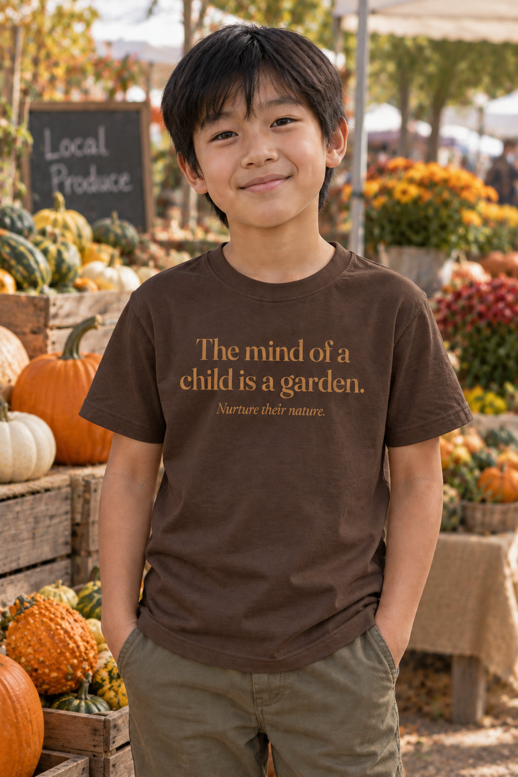 The mind of a child is a garden. kids organic cotton tee in Bark, front