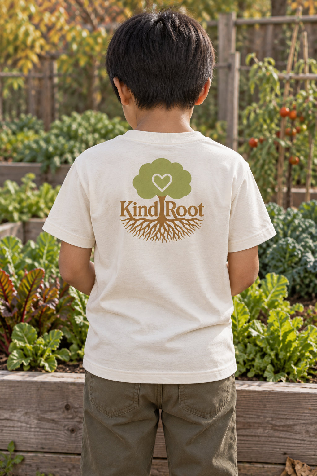 KindRoot logo on the back of the Natural kids organic cotton tee