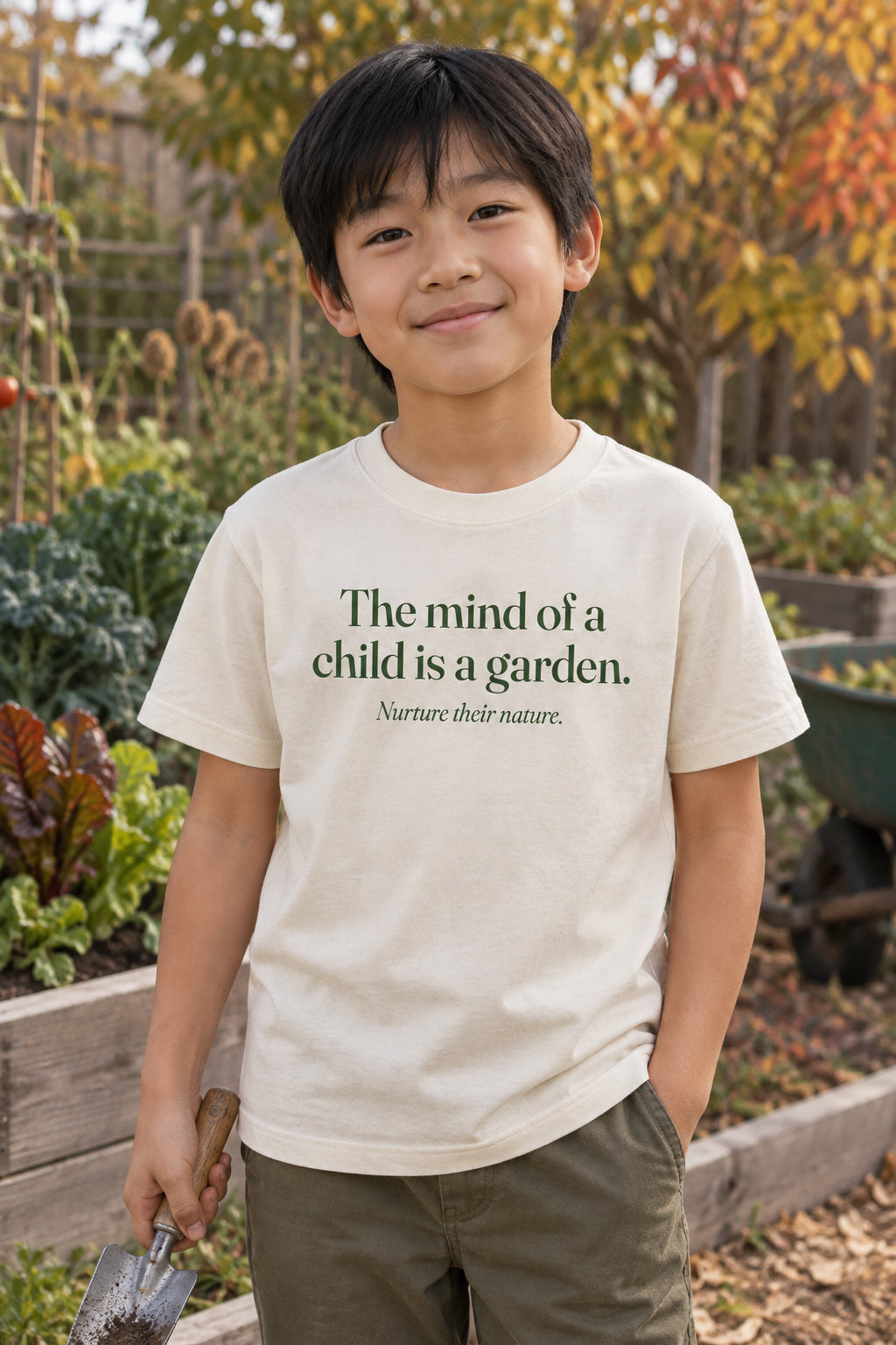 The mind of a child is a garden. kids organic cotton tee in Natural, front