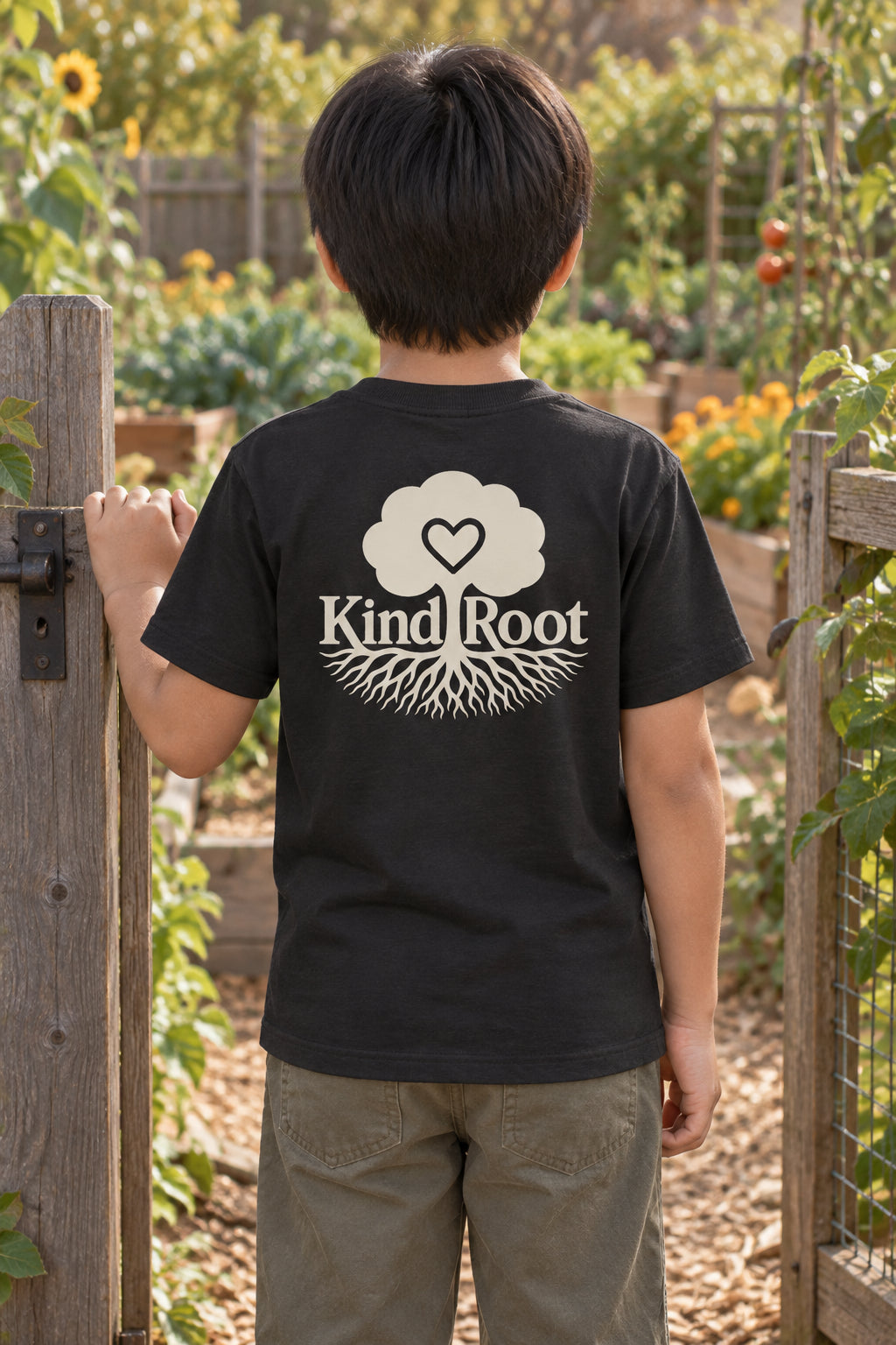 KindRoot logo on the back of the Night kids organic cotton tee