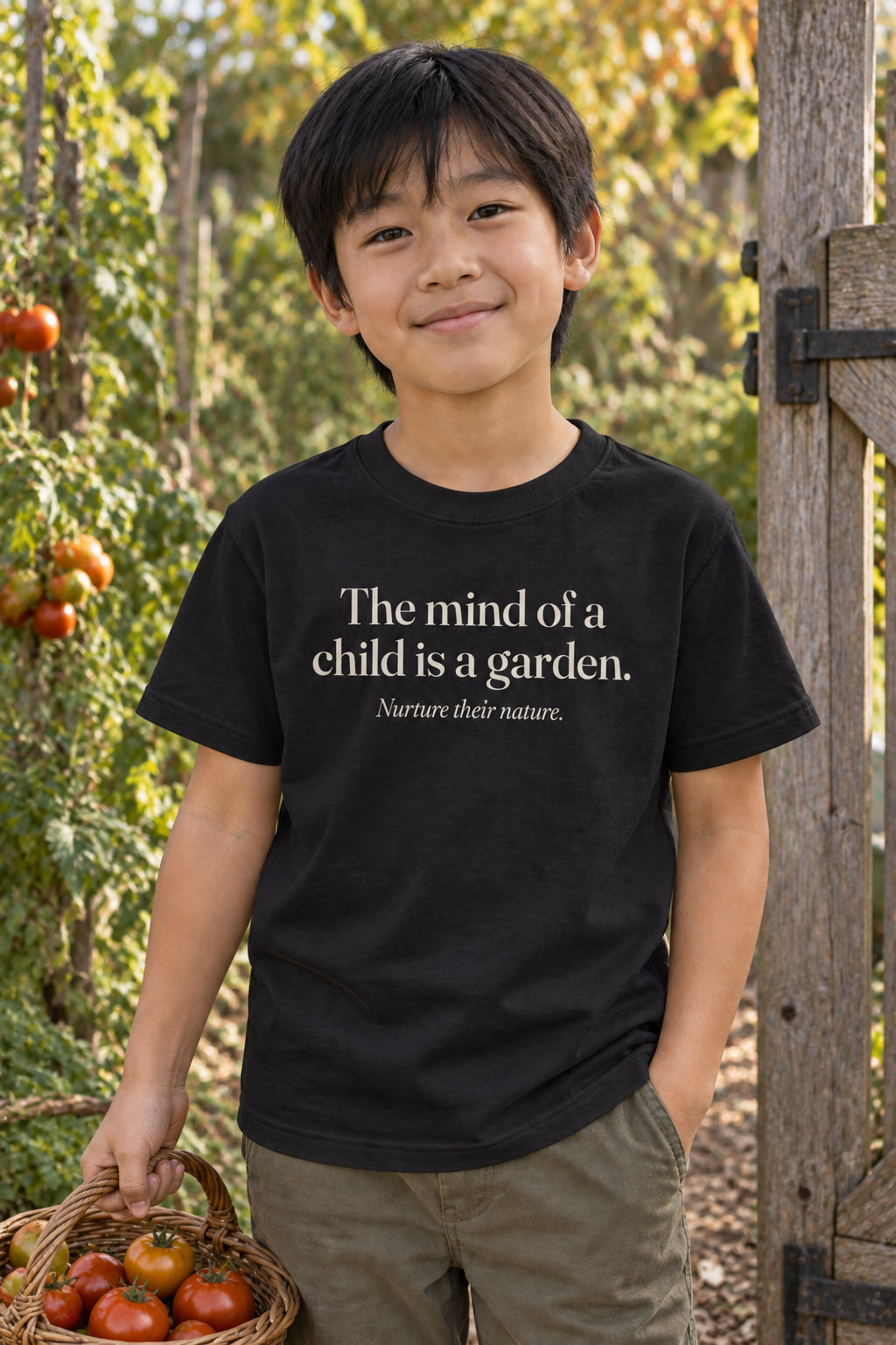 The mind of a child is a garden. kids organic cotton tee in Night, front