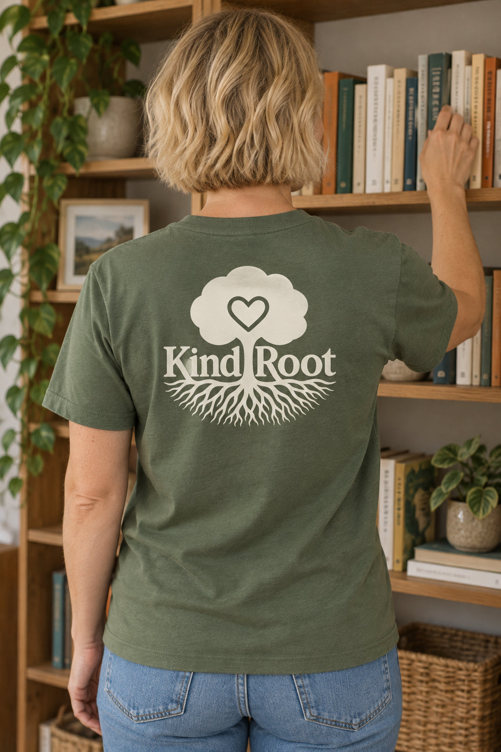 KindRoot logo on the back of the Moss unisex organic cotton tee