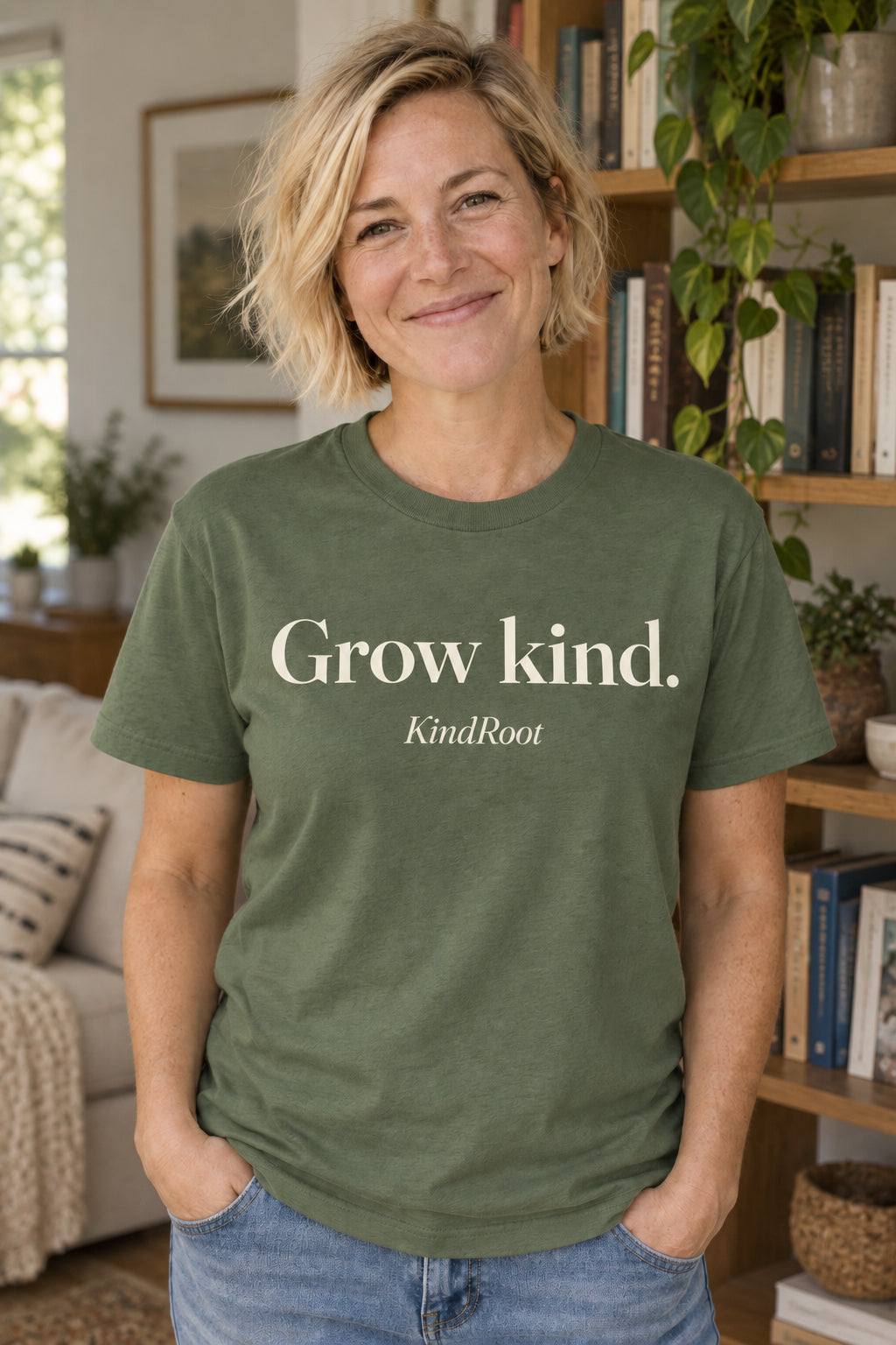Grow kind. unisex organic cotton tee in Moss, front