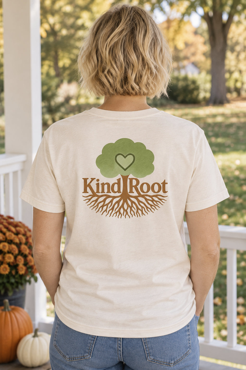KindRoot logo on the back of the Natural unisex organic cotton tee