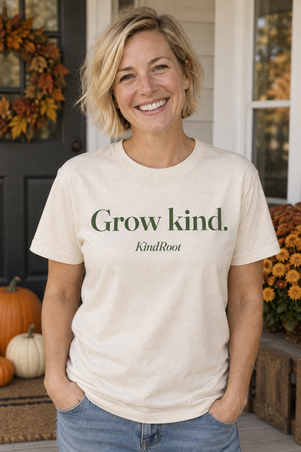 Grow kind. unisex organic cotton tee in Natural, front