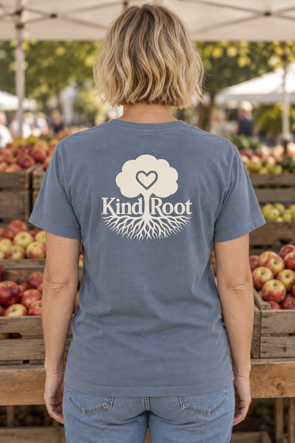 KindRoot logo on the back of the Slate unisex organic cotton tee