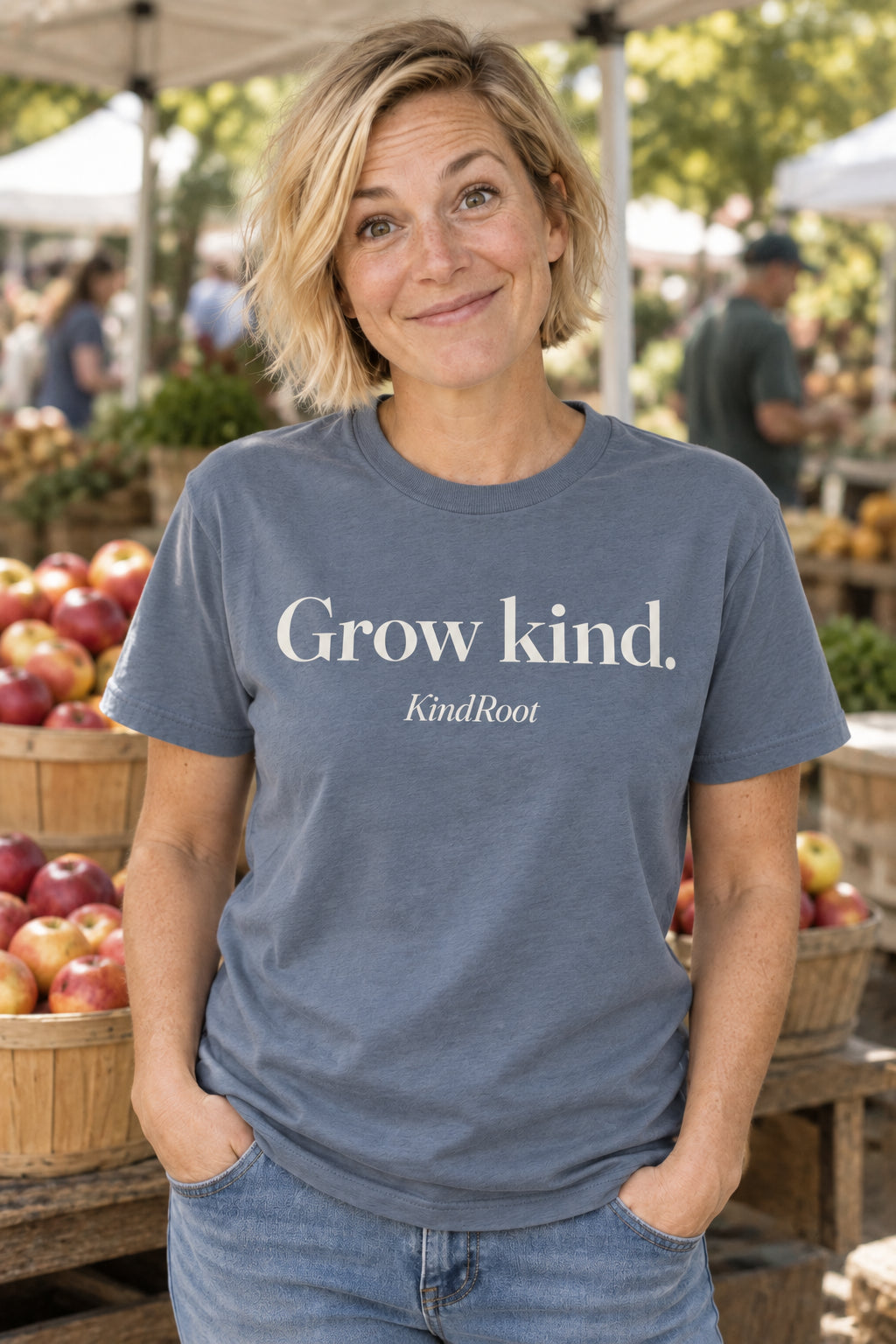 Grow kind. unisex organic cotton tee in Slate, front