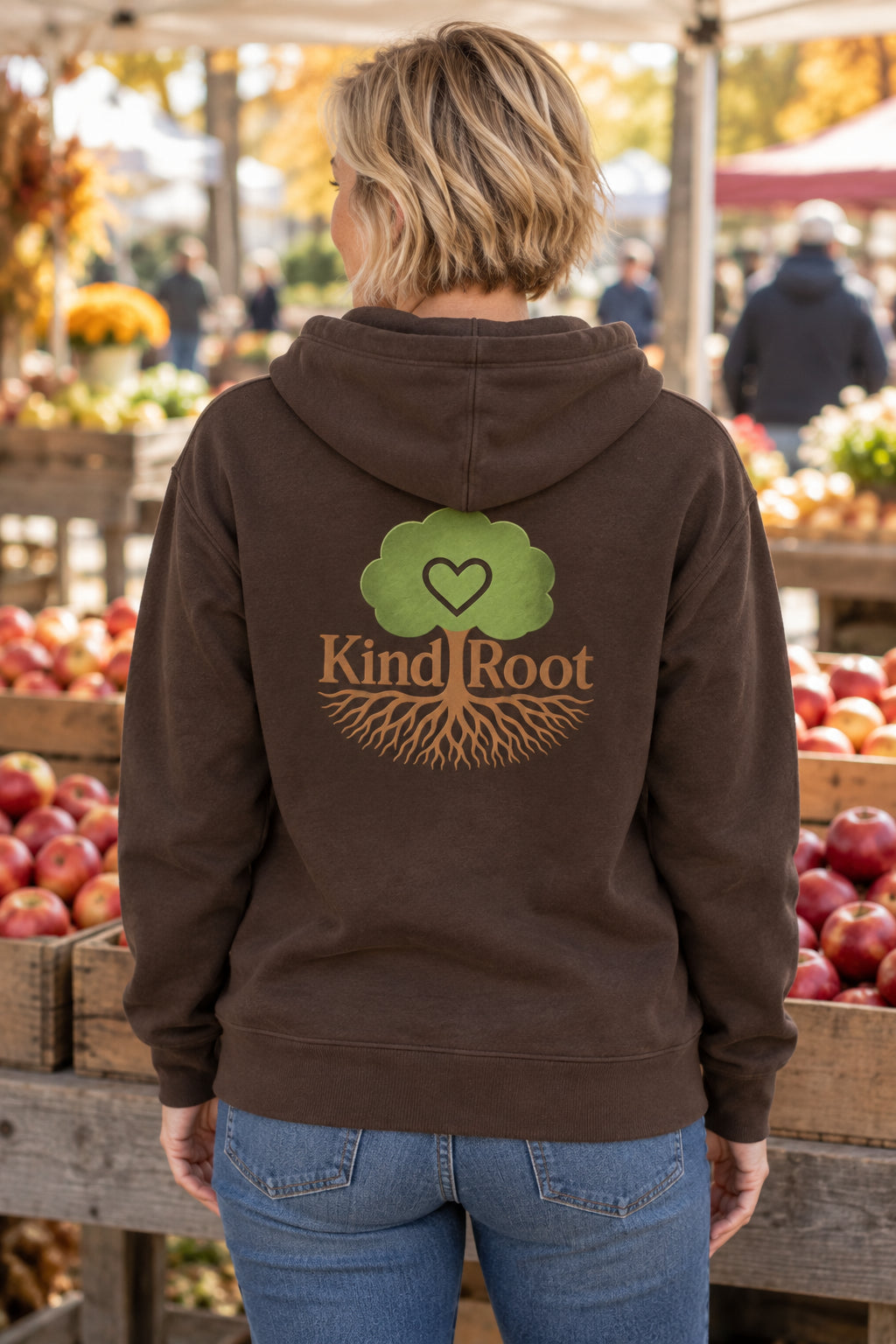 KindRoot logo on the back of the Bark unisex organic cotton hoodie
